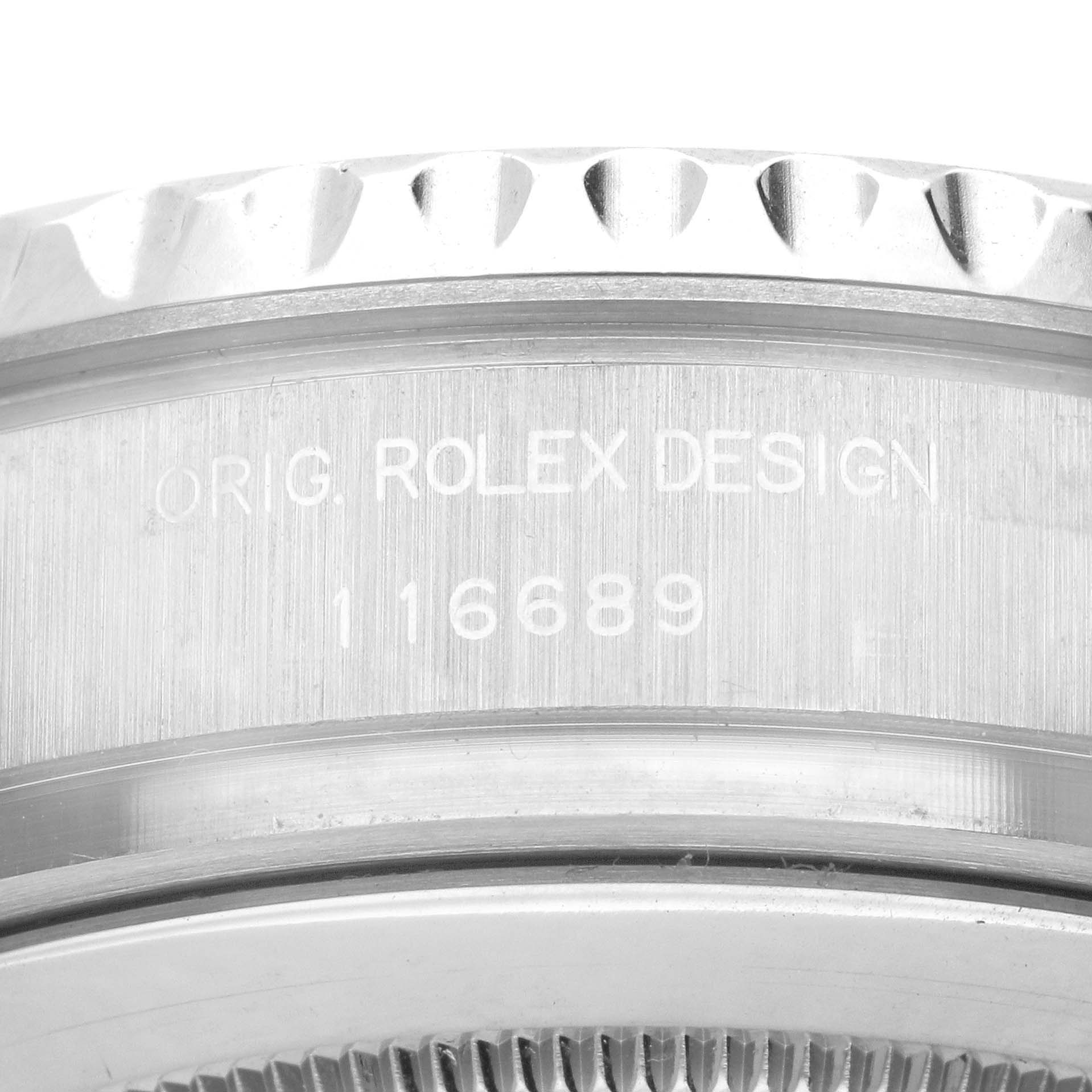 The image shows the side profile of the Rolex Yacht-Master 116689 Men
s Platinum White Dial 116689 Men
s Platinum White Dial bezel with its engraved serial number.