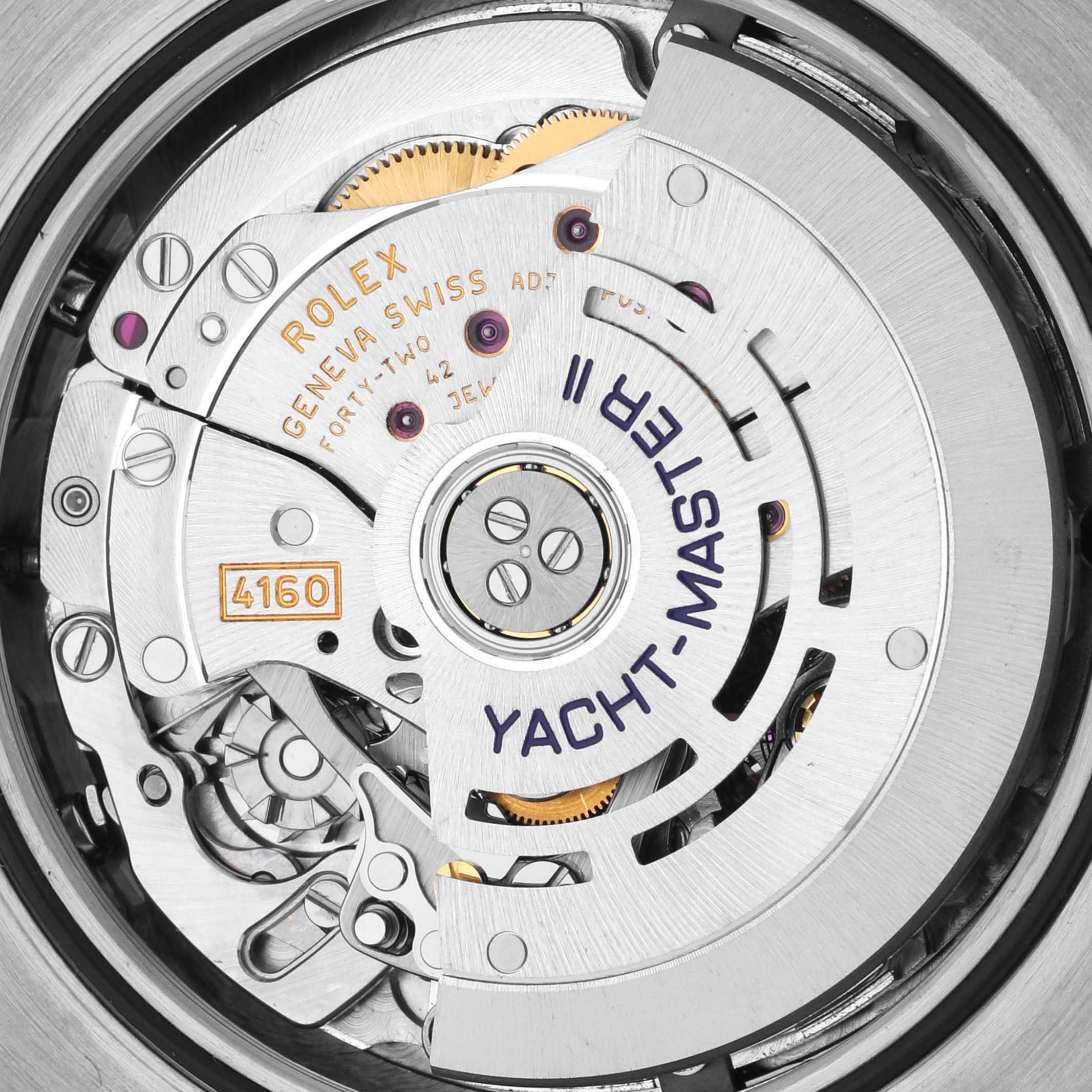 The image shows the intricate movement and internal mechanics of the Rolex Yacht-Master 116689 Men
s Platinum White Dial 116689 Men
s Platinum White Dial watch from a top view.