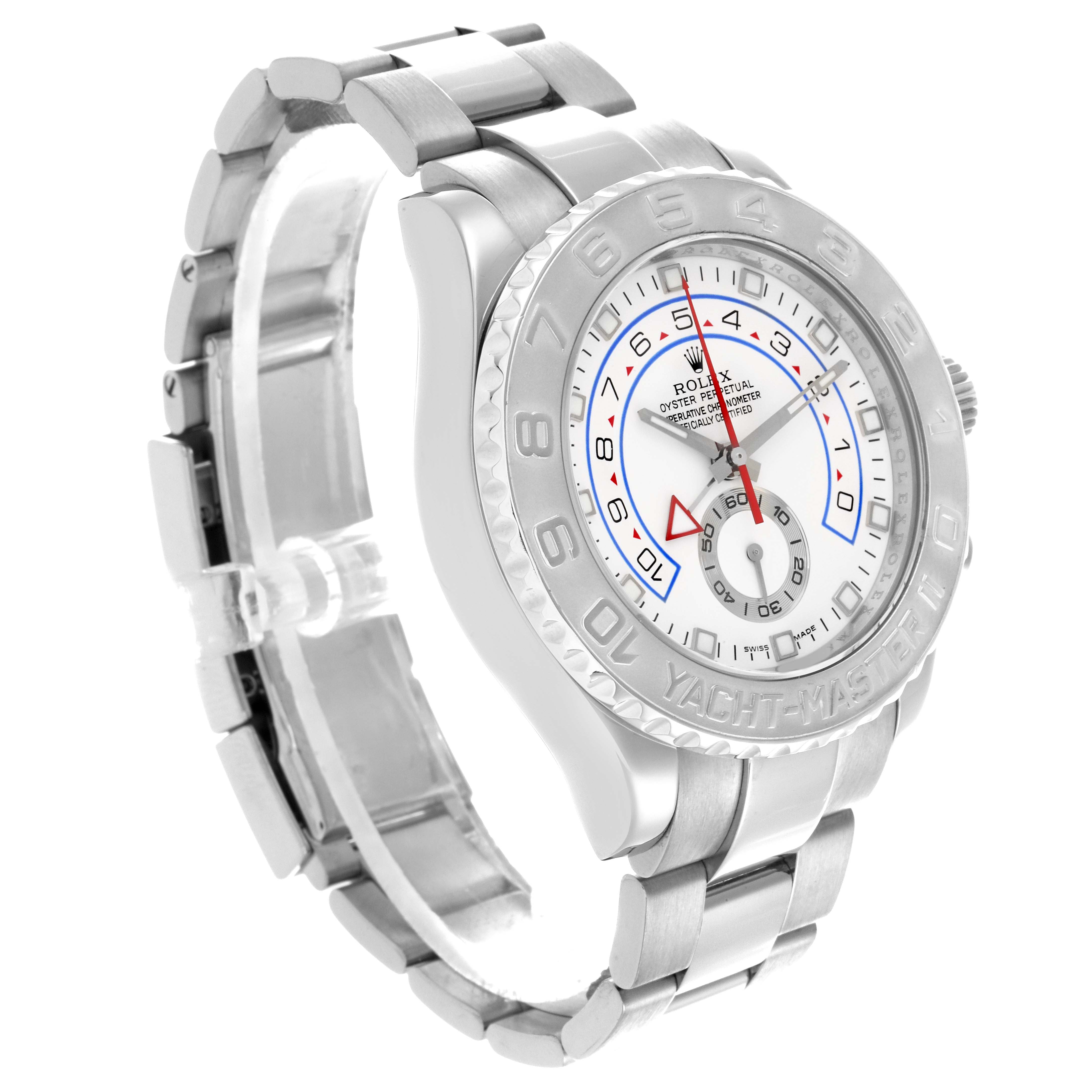 The image shows the Rolex Yacht-Master 116689 Men
s Platinum White Dial 116689 Men
s Platinum White Dial watch at a three-quarter angle, highlighting its face, bezel, and bracelet.