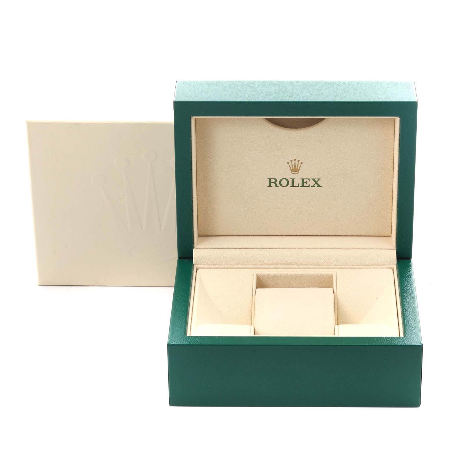 This image shows an open Rolex Yacht-Master 116689 Men
s Platinum White Dial 116689 Men
s Platinum White Dial box, viewed from the front, displaying its interior compartments.