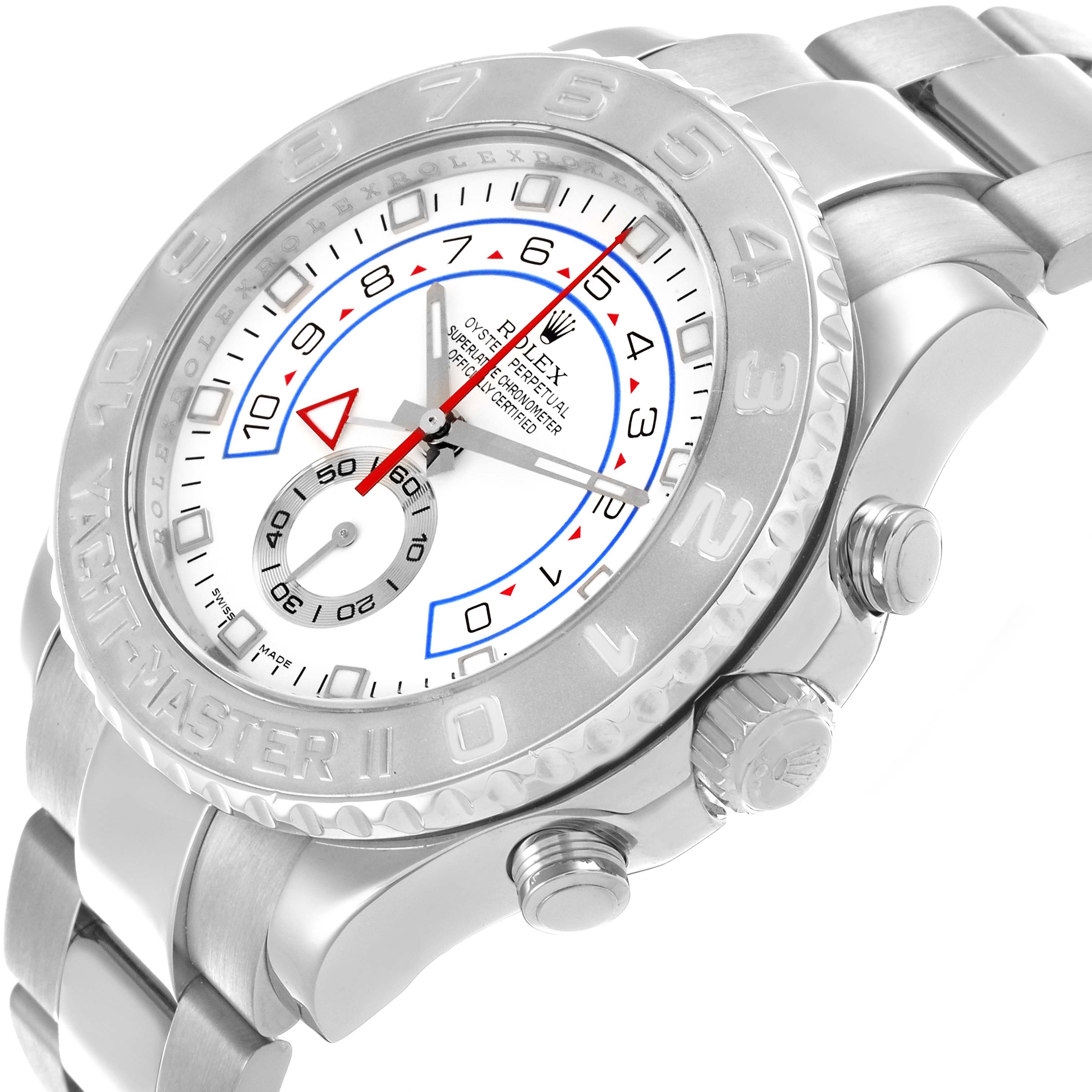 The Rolex Yacht-Master 116689 Men
s Platinum White Dial 116689 Men
s Platinum White Dial watch is shown at an angled side view with a visible bezel, dial, and partial bracelet.