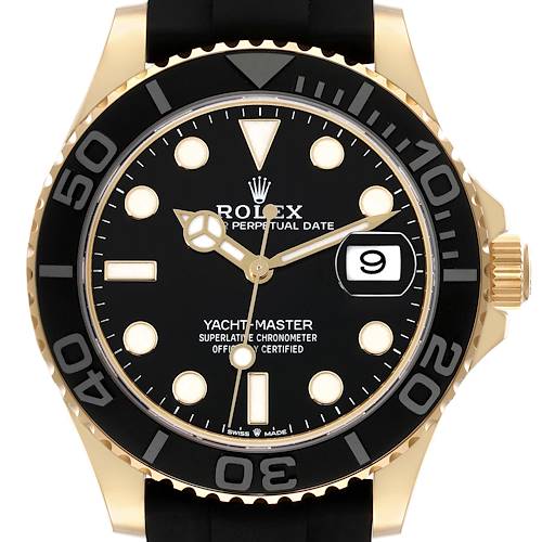 The Rolex Yacht-Master 226658 Men's Yellow Gold Black Dial watch is shown from a frontal view, highlighting its bezel, dial, and date feature.
