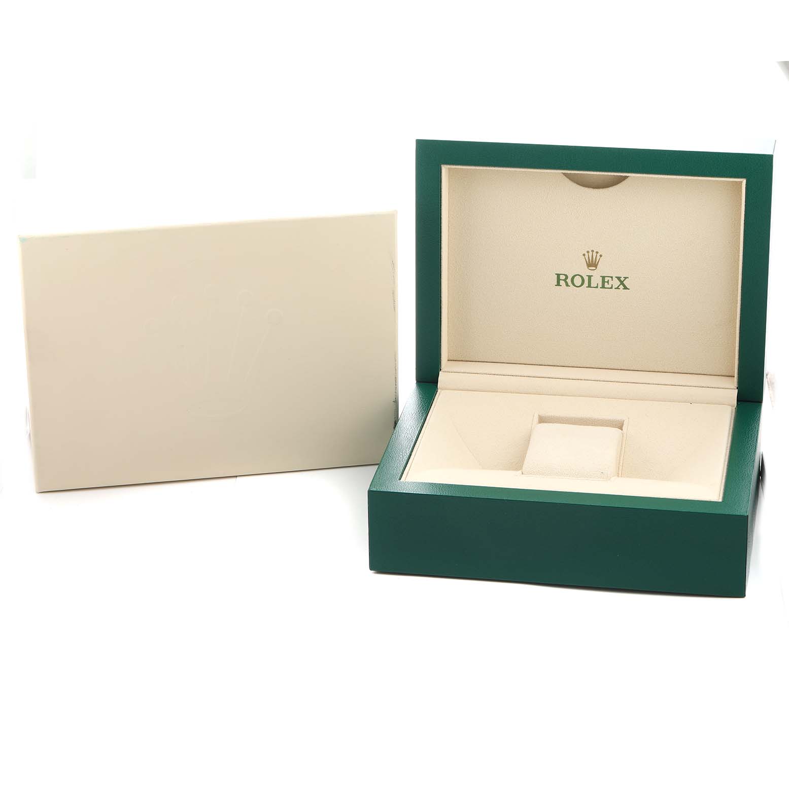 The image shows an open watch box and outer cover for a Rolex Yacht-Master 226658 Men's Yellow Gold Black Dial, viewed from the front.