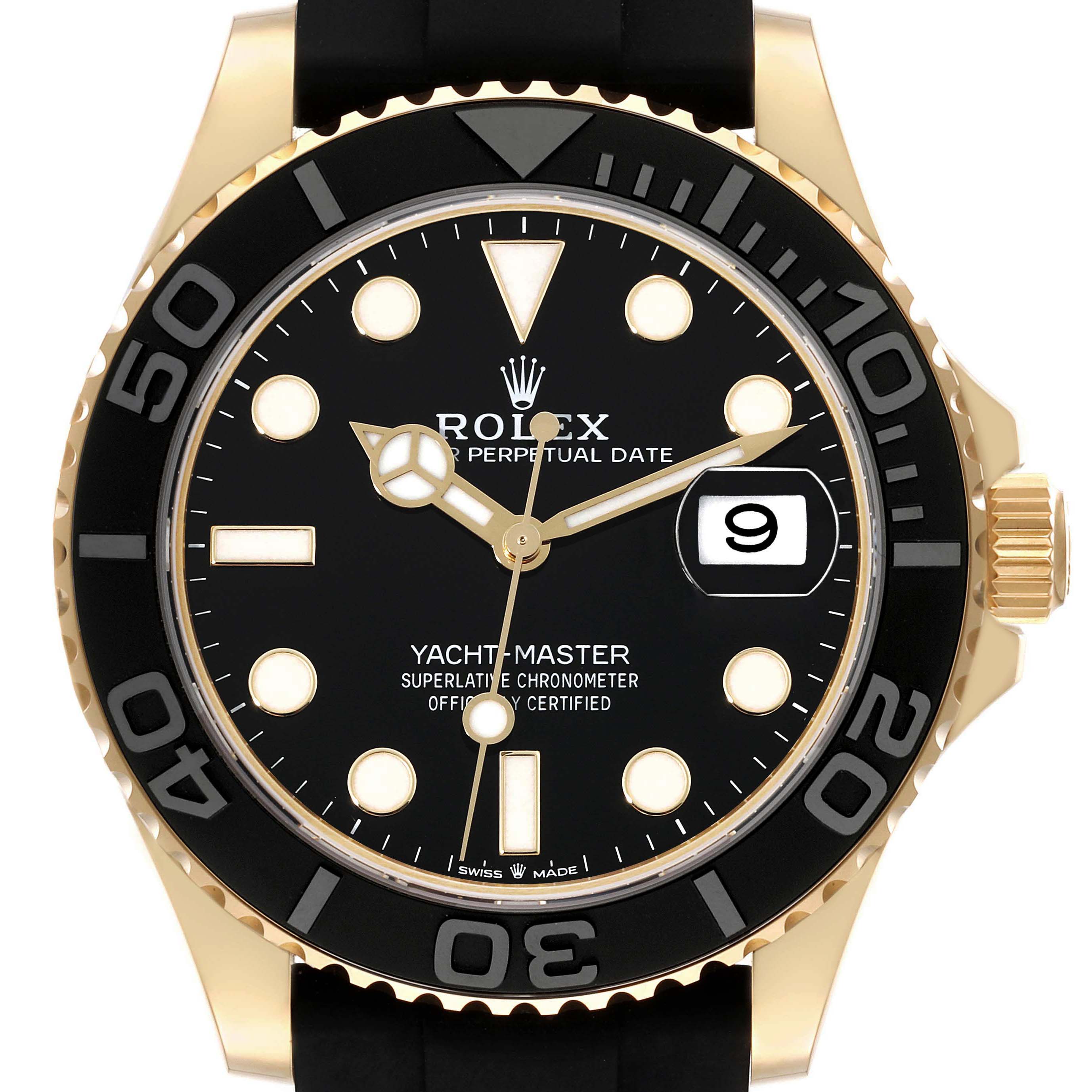 The Rolex Yacht-Master 226658 Men's Yellow Gold Black Dial watch is shown from a front view, highlighting the dial, bezel, hands, and date window.