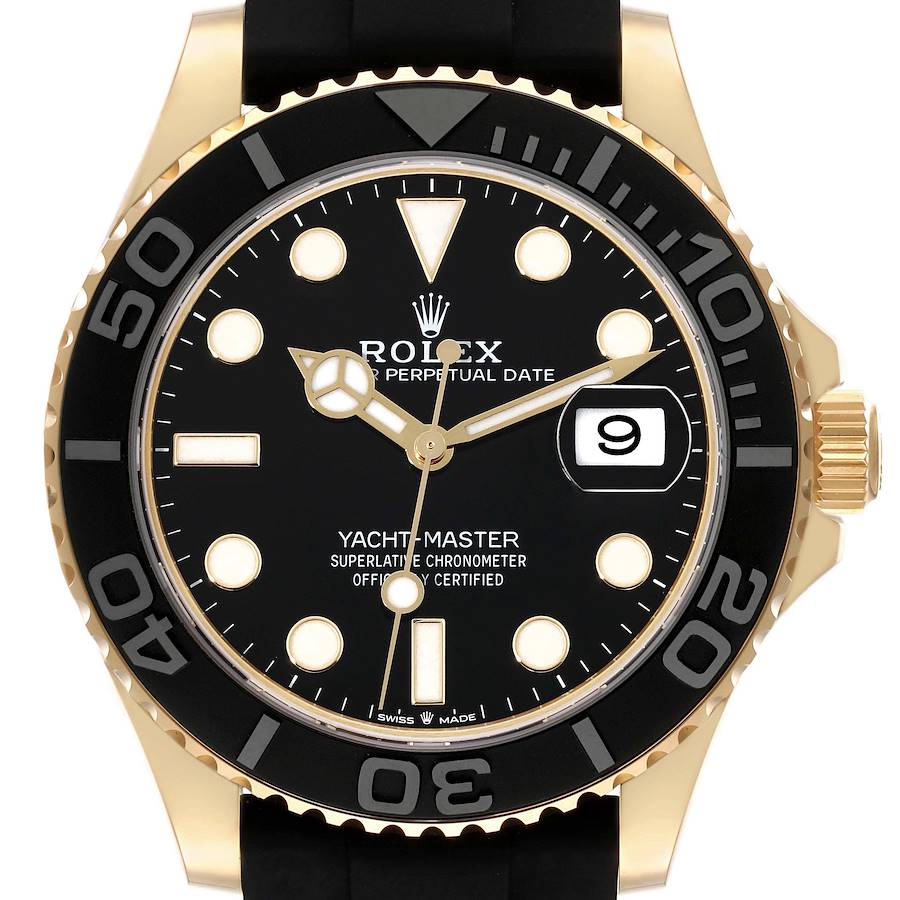 The Rolex Yacht-Master 226658 Men's Yellow Gold Black Dial watch is shown from a front view, highlighting the dial, bezel, hands, and date window.