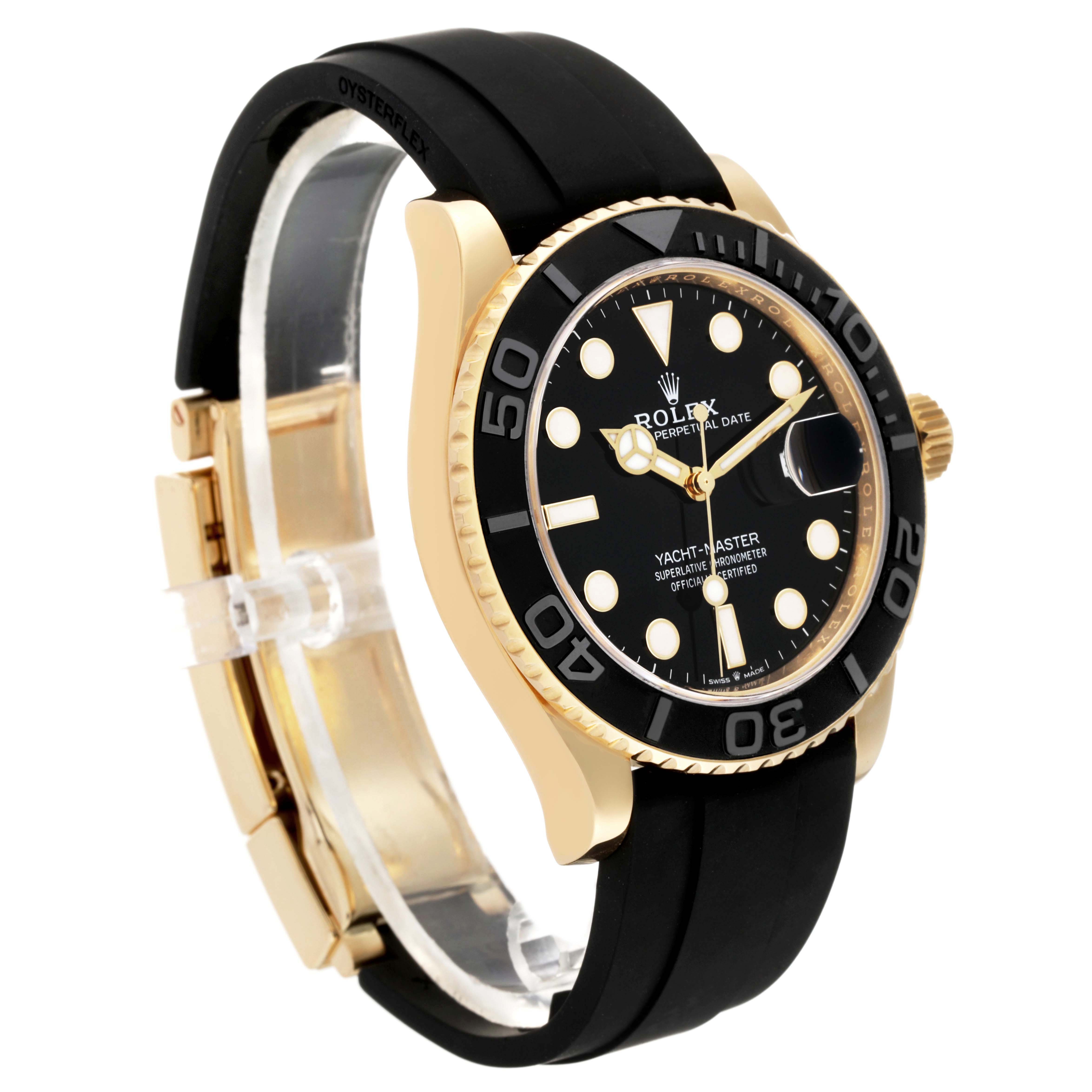 The Rolex Yacht-Master 226658 Men's Yellow Gold Black Dial watch is shown at an angled side view, highlighting the black bezel, gold case, and black strap.
