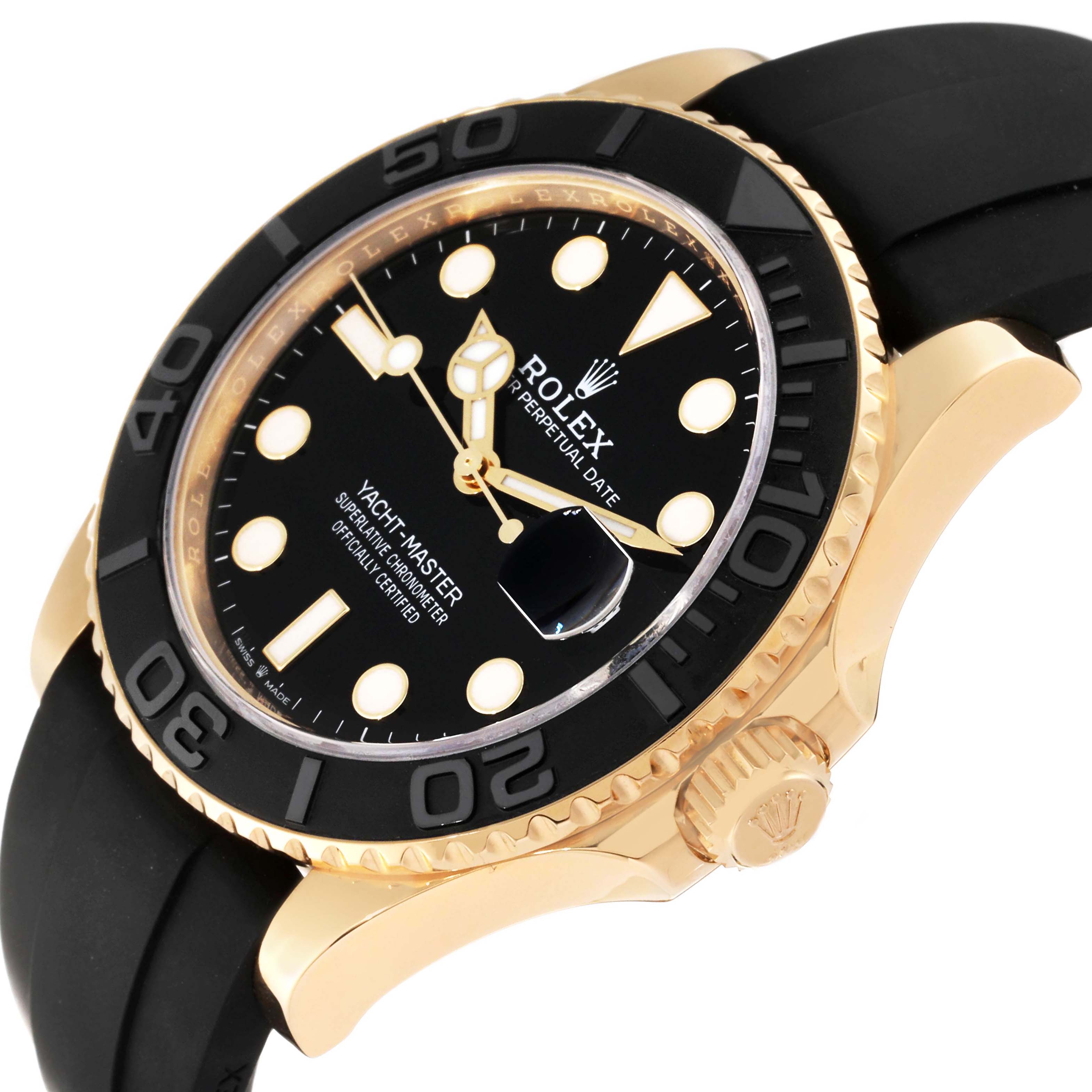 The Rolex Yacht-Master 226658 Men's Yellow Gold Black Dial watch is shown from an angled side view, highlighting the black dial, bezel, crown, and rubber strap.
