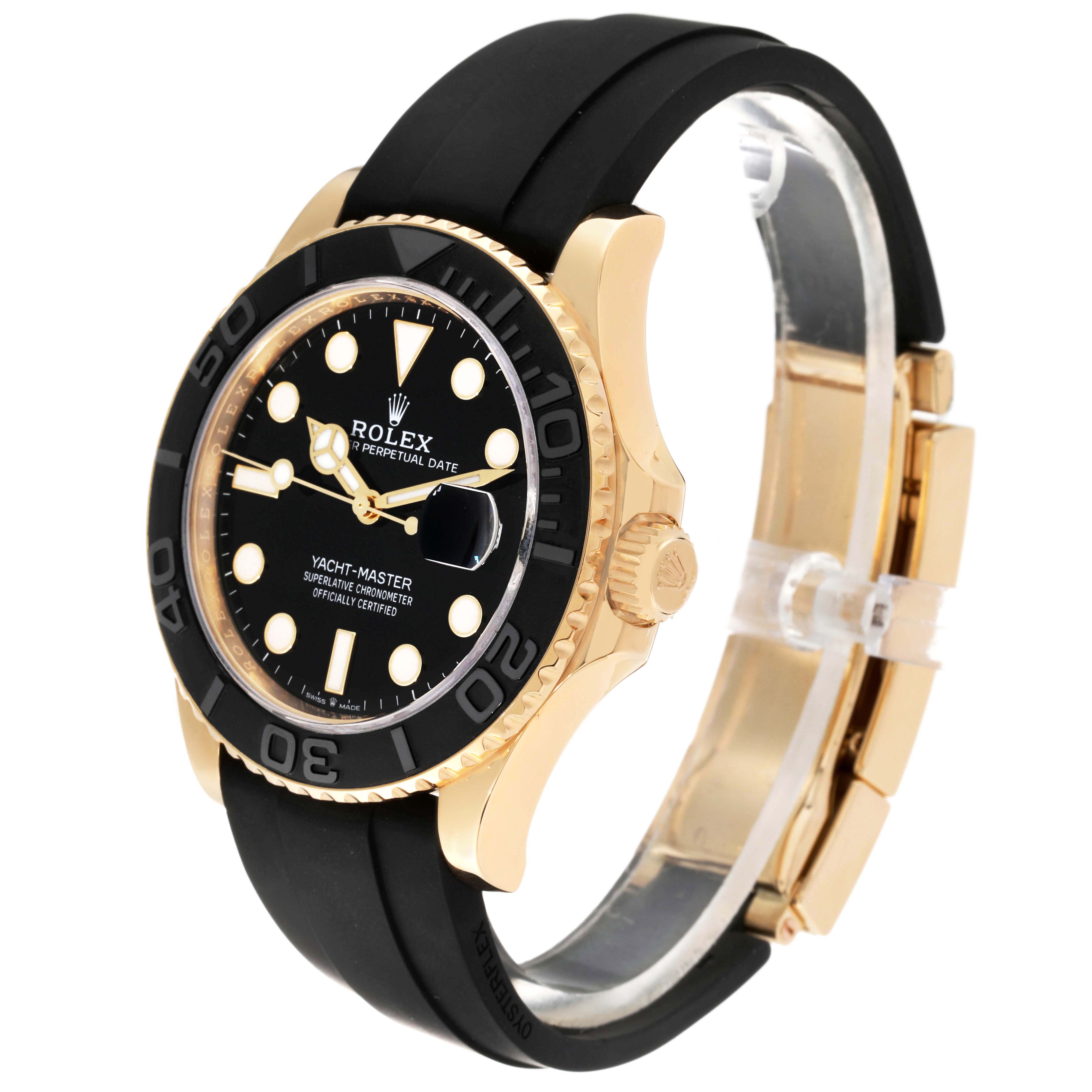 The image shows a Rolex Yacht-Master 226658 Men's Yellow Gold Black Dial watch at a side angle, highlighting the gold case, black bezel, and black strap.