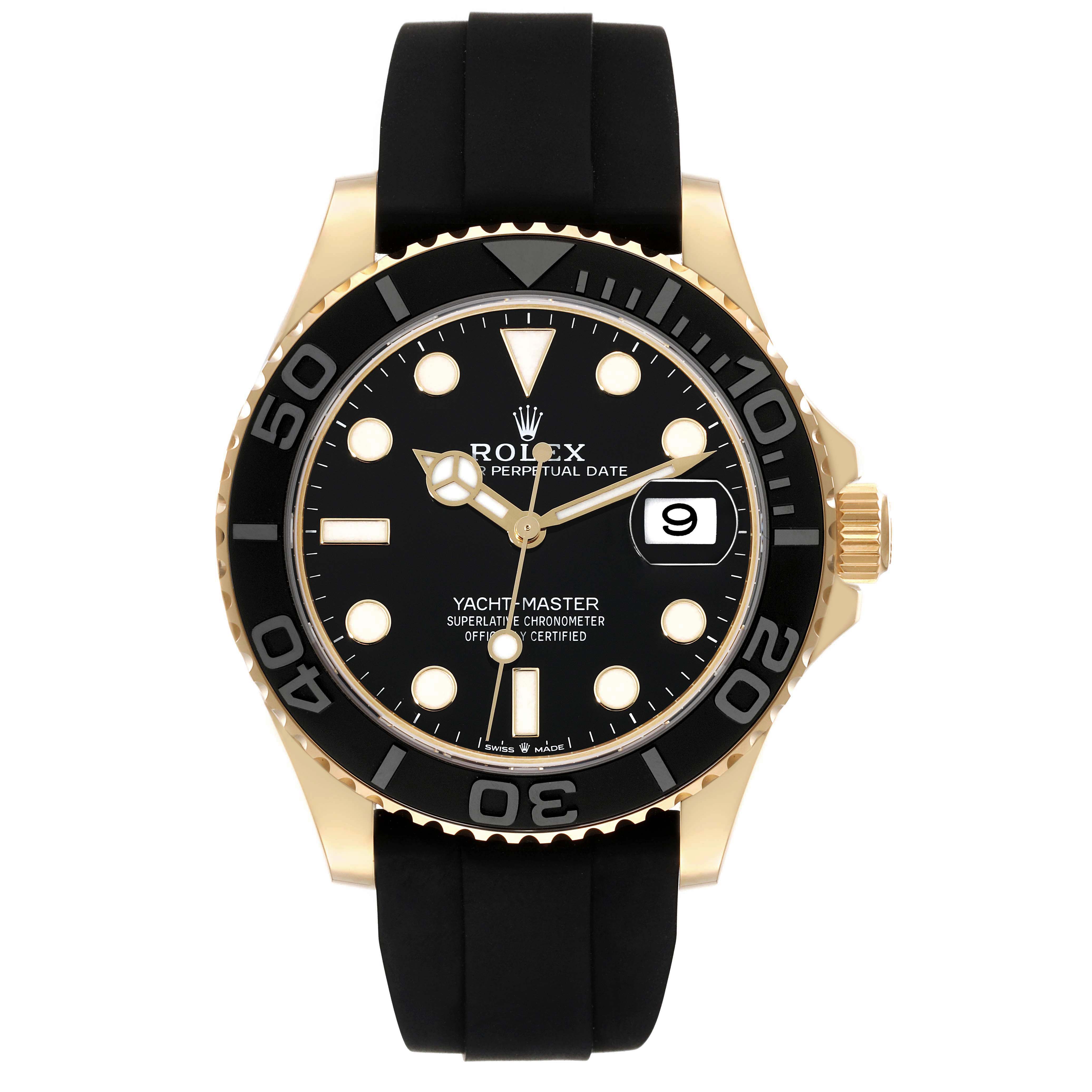 The Rolex Yacht-Master 226658 Men's Yellow Gold Black Dial watch is shown from a front angle, highlighting its black dial, bezel, and gold case with a black strap.