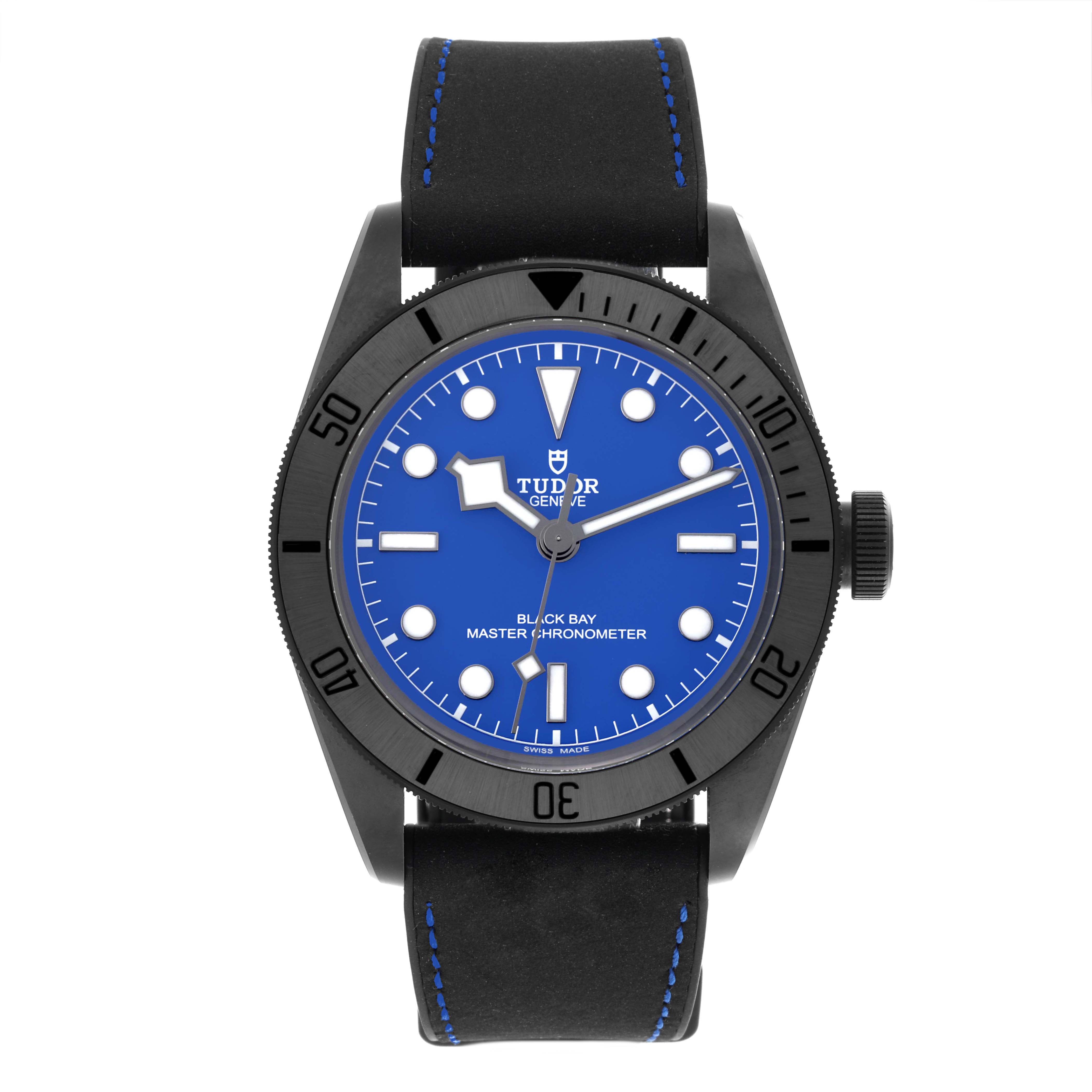 The Tudor Heritage Black Bay 79210CNU Men's Ceramic Blue Dial 79210CNU Men's Ceramic Blue Dial watch is shown from the front, displaying the blue dial, bezel, hands, and part of the strap.