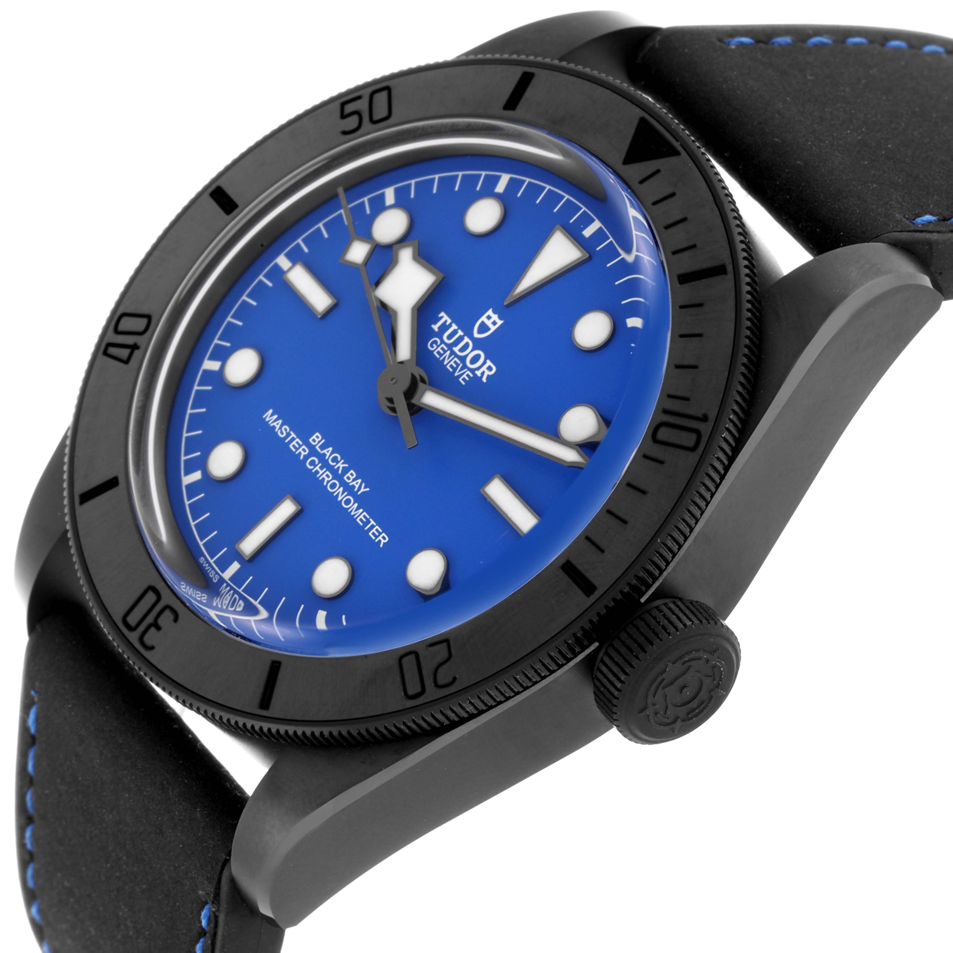 The Tudor Heritage Black Bay 79210CNU Men's Ceramic Blue Dial 79210CNU Men's Ceramic Blue Dial is shown at an angled view highlighting the dial, bezel, crown, and part of the strap.