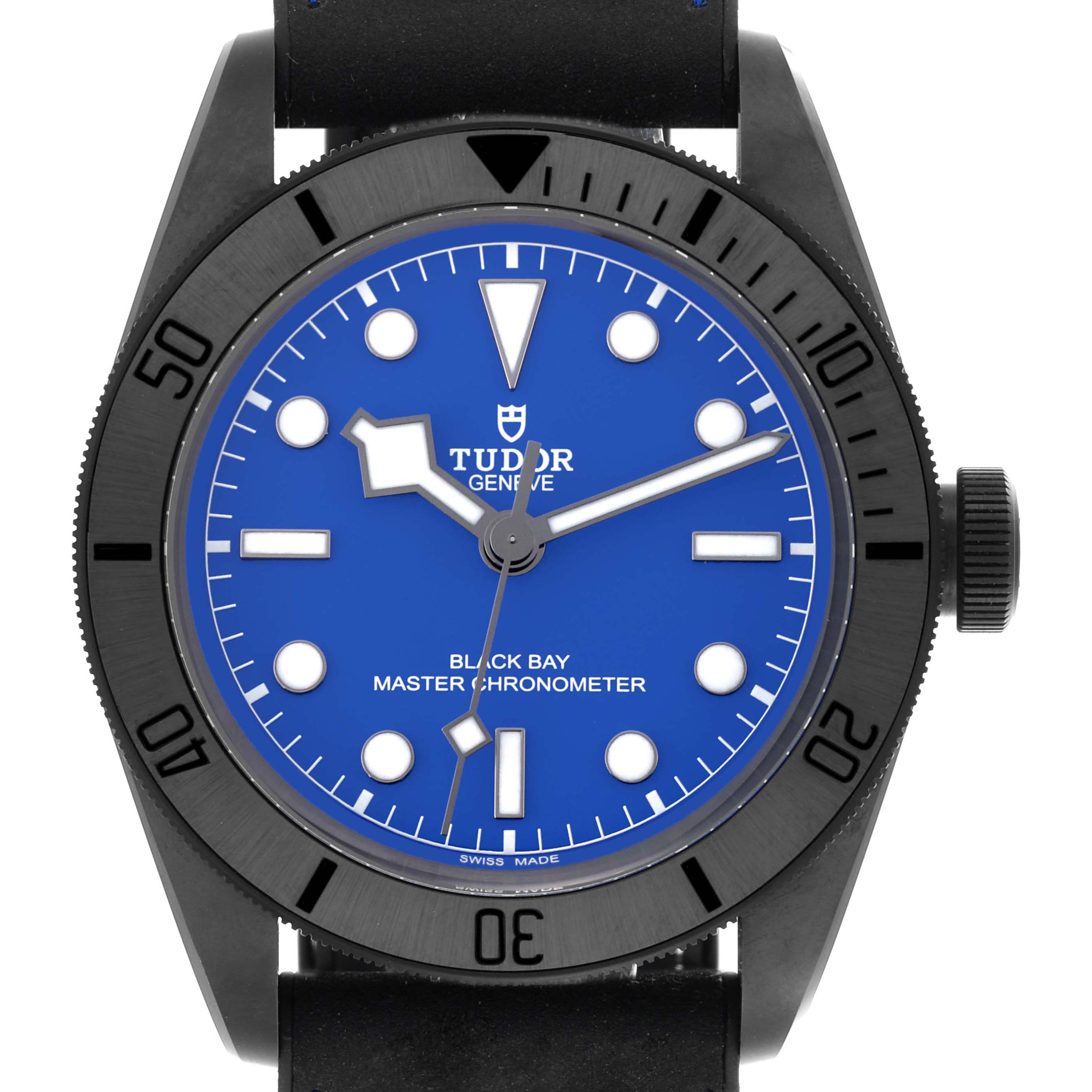 The Tudor Heritage Black Bay 79210CNU Men's Ceramic Blue Dial 79210CNU Men's Ceramic Blue Dial watch is shown from a front angle, displaying its blue dial, bezel, and crown.