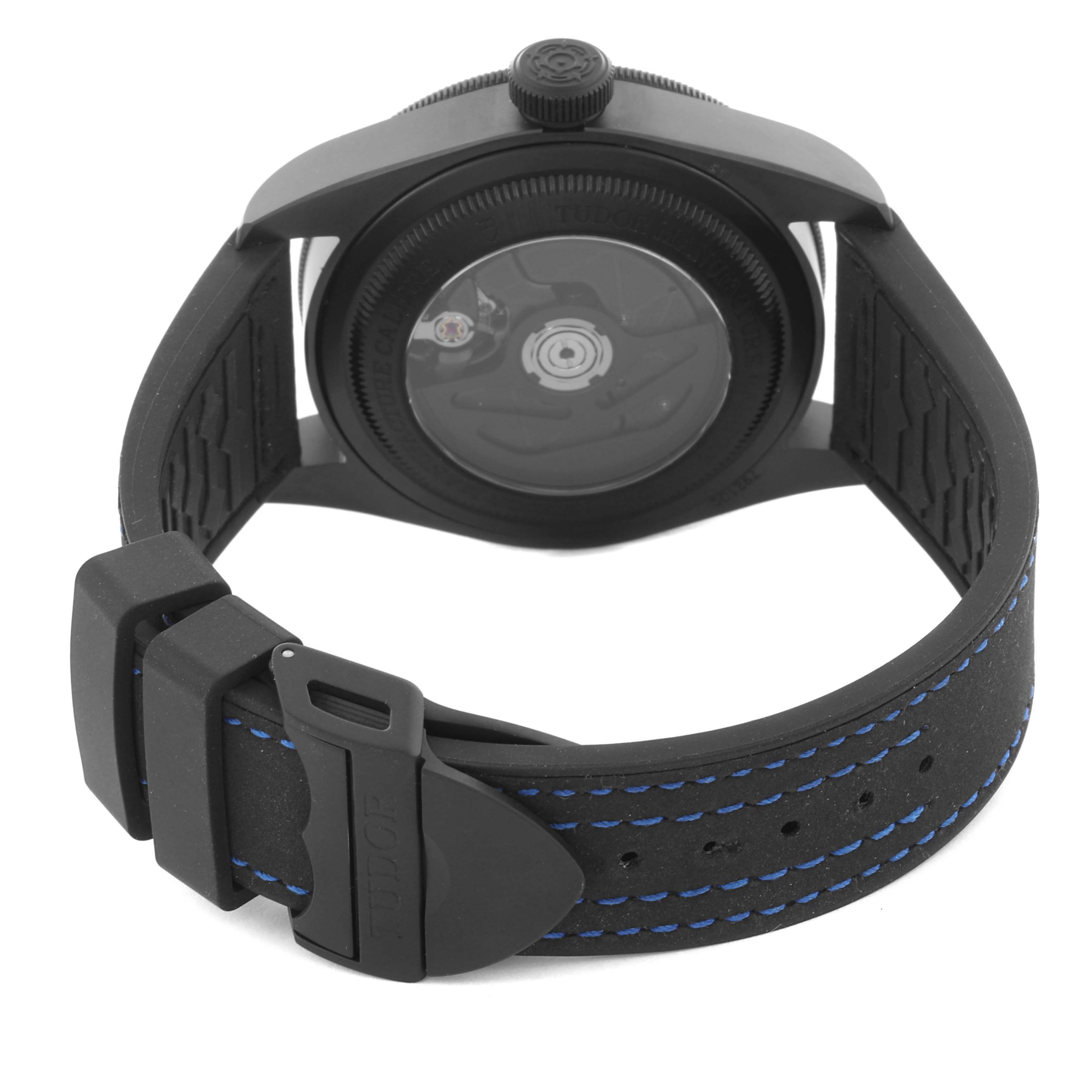 The Tudor Heritage Black Bay 79210CNU Men's Ceramic Blue Dial 79210CNU Men's Ceramic Blue Dial watch is shown from the back, highlighting its strap and case back.