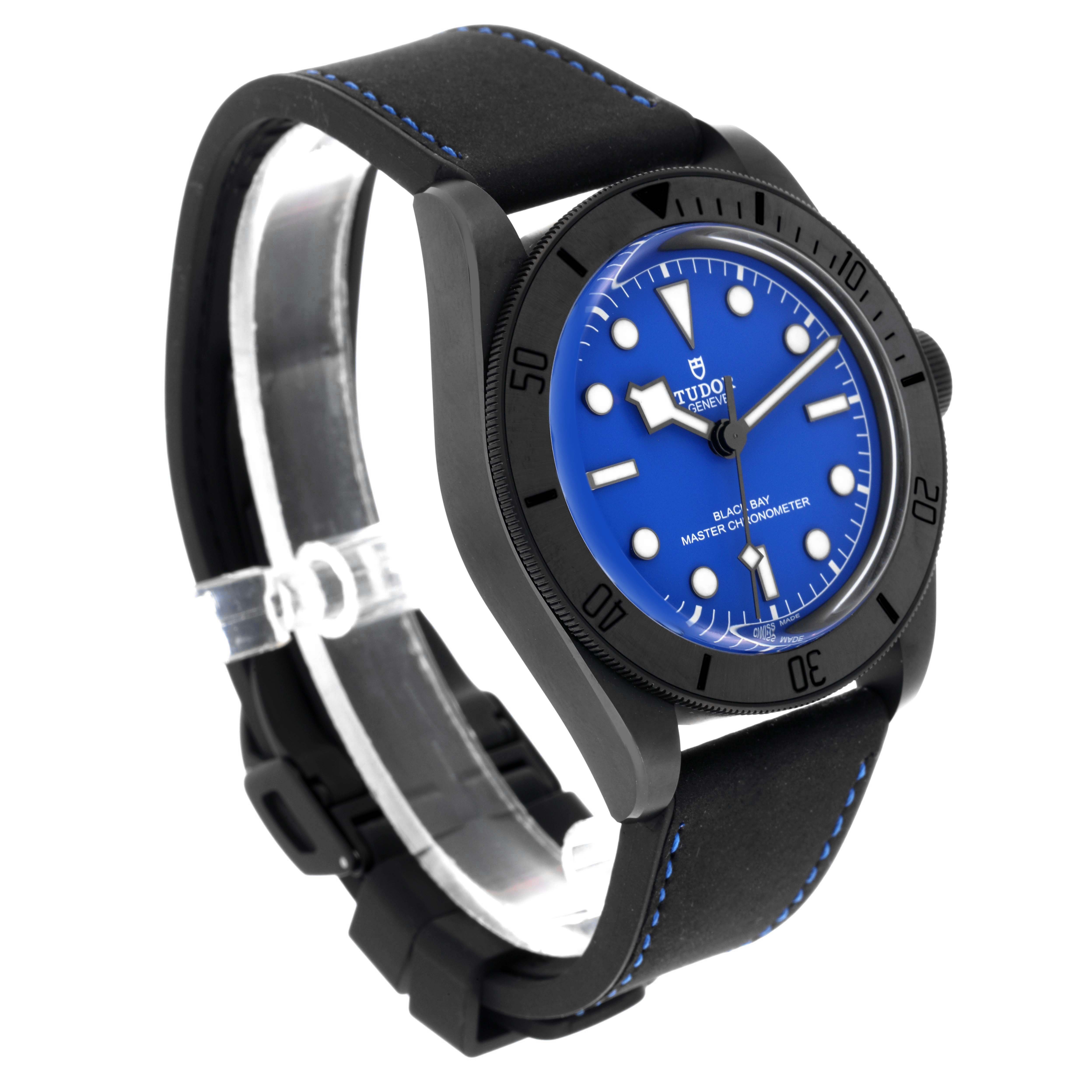 The Tudor Heritage Black Bay 79210CNU Men's Ceramic Blue Dial 79210CNU Men's Ceramic Blue Dial watch is shown at a three-quarters angle, displaying the face, bezel, and strap.