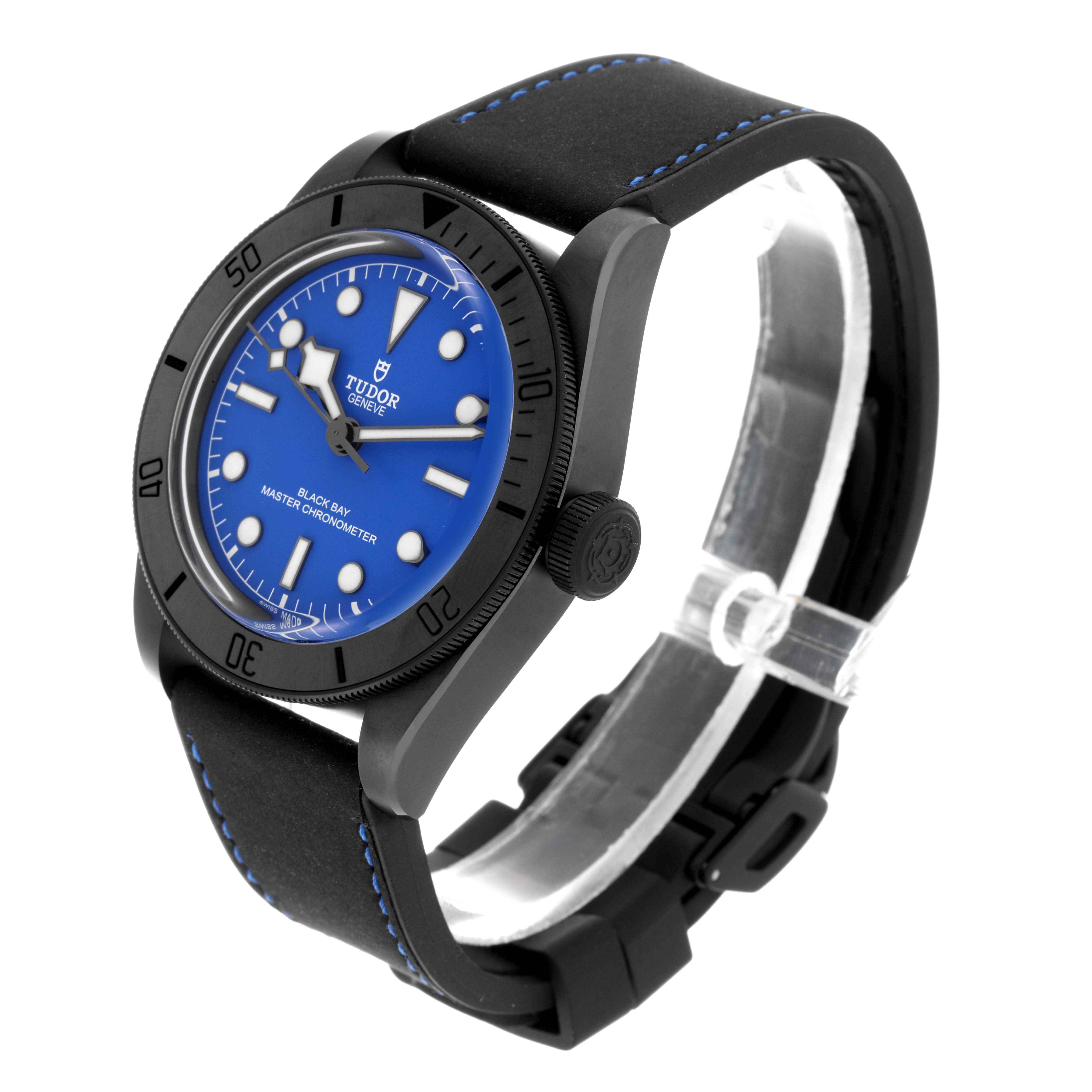 The Tudor Heritage Black Bay 79210CNU Men's Ceramic Blue Dial 79210CNU Men's Ceramic Blue Dial watch is shown at an angled side view, displaying the case, bezel, dial, and strap.