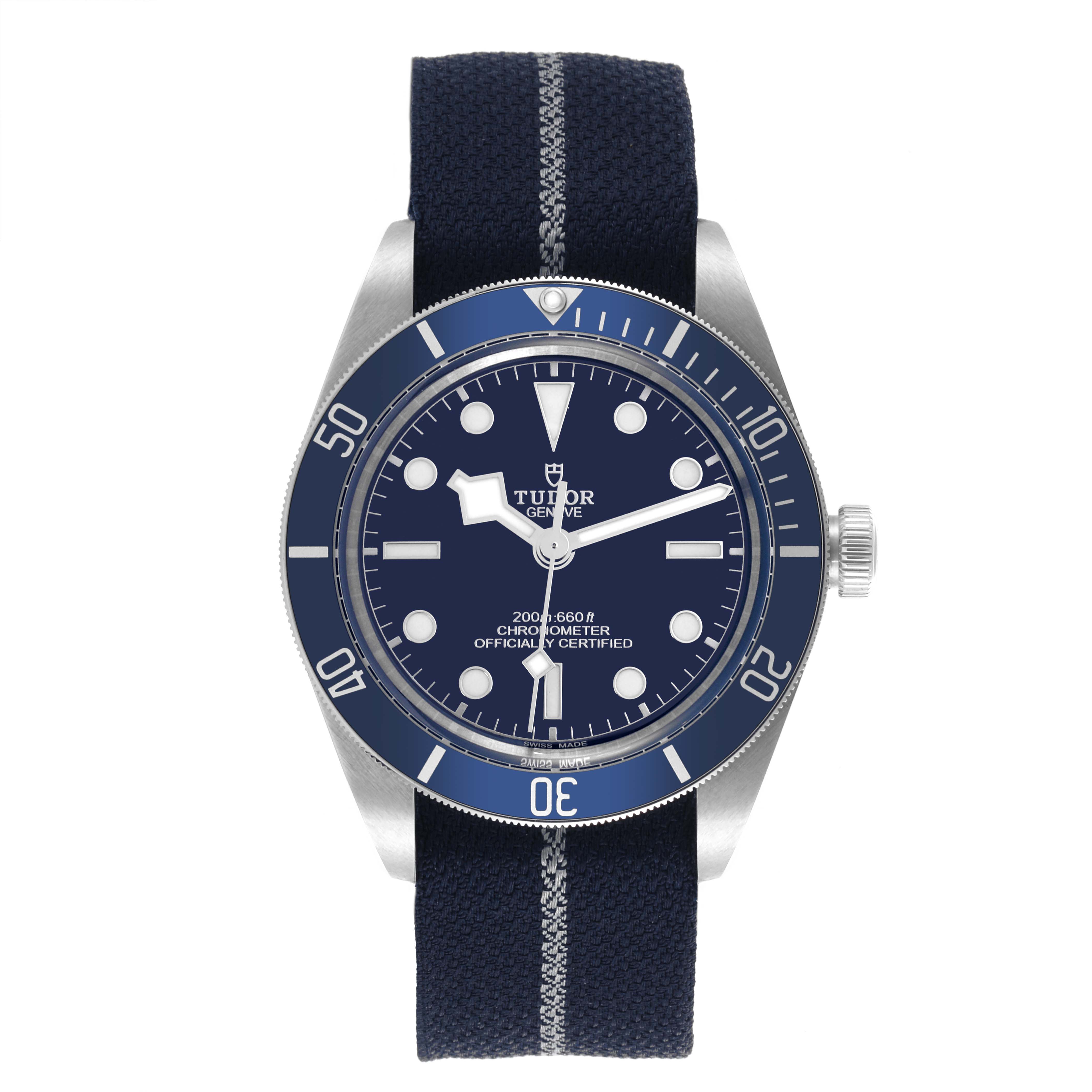 The Tudor Heritage Black Bay 79030 Men's Stainless Steel Blue Dial 79030 Men's Stainless Steel Blue Dial watch is shown from a straight-on angle, displaying its full face, bezel, and strap.