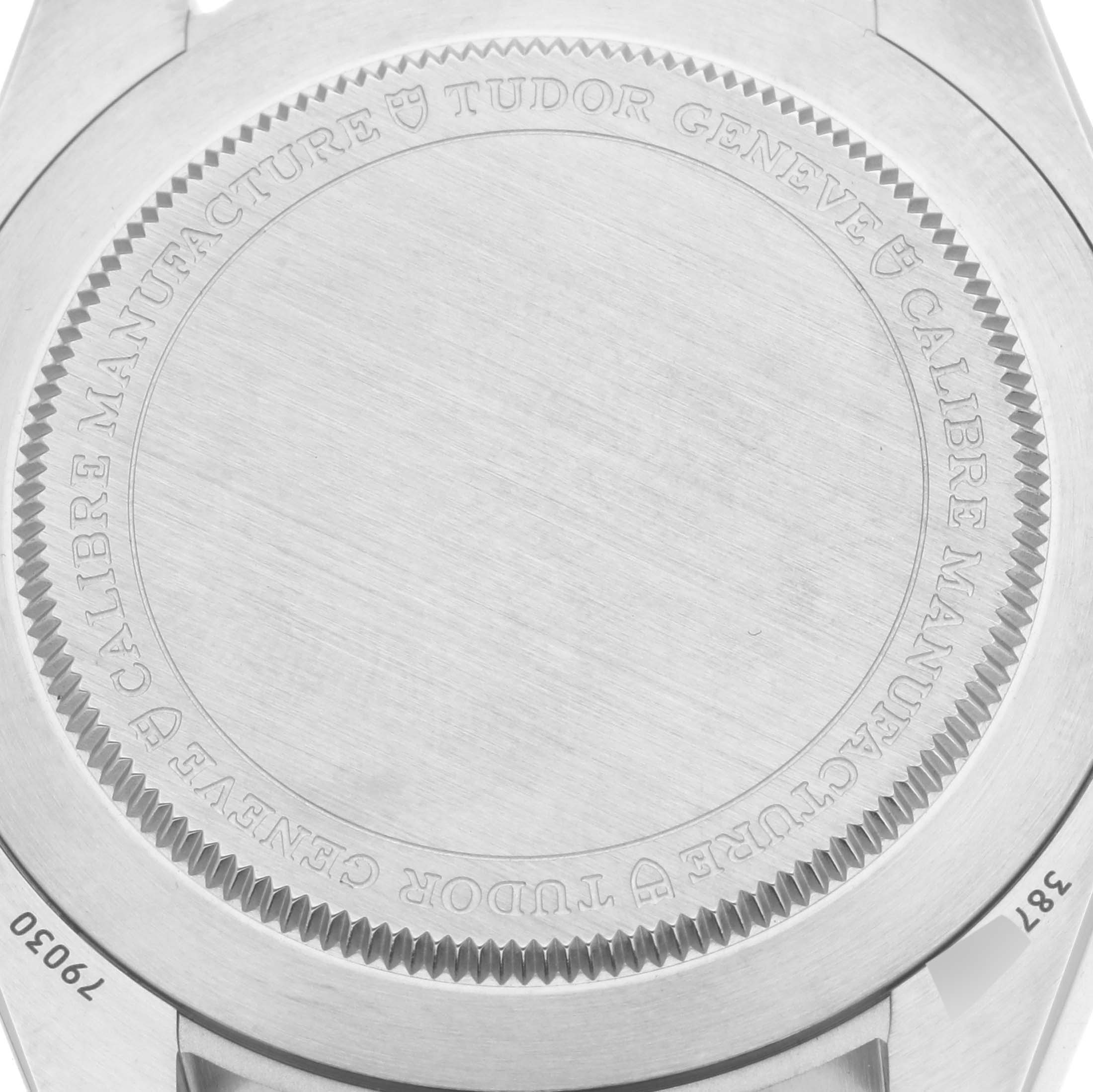 The image shows the engraved case back of the Tudor Heritage Black Bay 79030 Men's Stainless Steel Blue Dial 79030 Men's Stainless Steel Blue Dial watch.