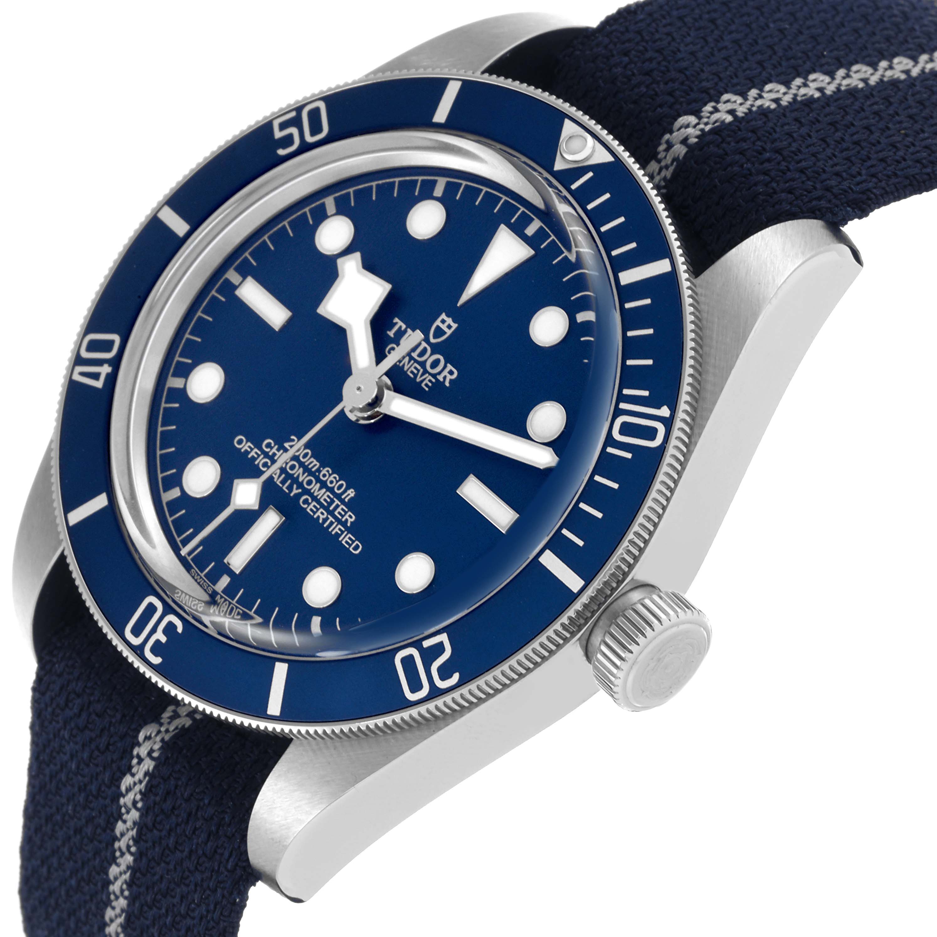The Tudor Heritage Black Bay 79030 Men's Stainless Steel Blue Dial 79030 Men's Stainless Steel Blue Dial watch is shown at a slight angle, highlighting the bezel, face, and crown.