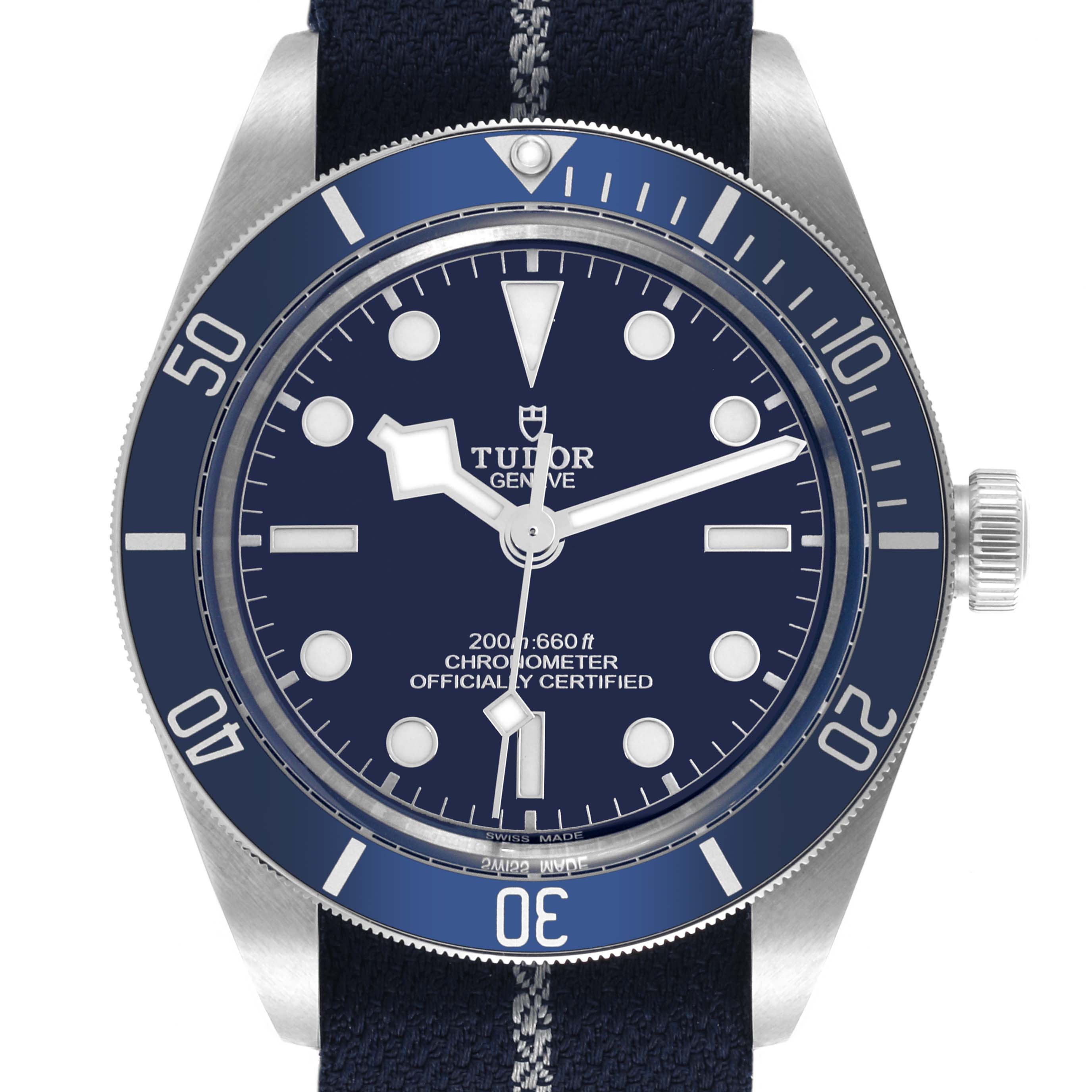 The Tudor Heritage Black Bay 79030 Men's Stainless Steel Blue Dial 79030 Men's Stainless Steel Blue Dial watch is shown from a front angle, displaying the dial, bezel, and case clearly.