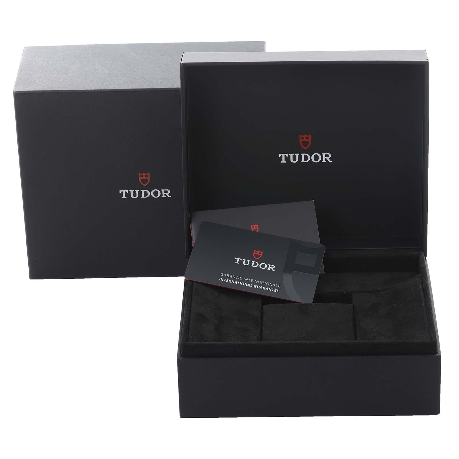 The image shows the packaging and guarantee card for the Tudor Heritage Black Bay 79030 Men's Stainless Steel Blue Dial 79030 Men's Stainless Steel Blue Dial model, with no watch visible.
