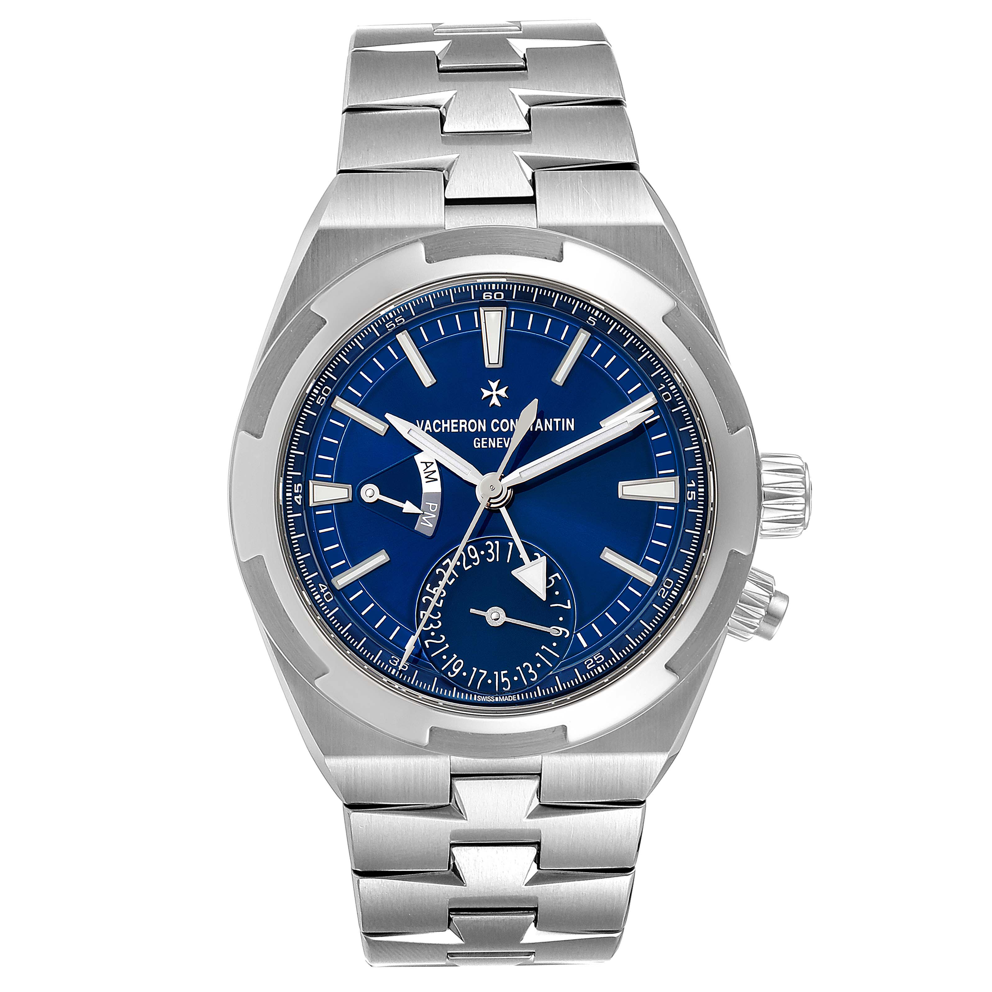 The Vacheron Constantin Overseas 7900V/110A-B334 Men's Stainless Steel Blue Dial 7900V/110A-B334 Men's Stainless Steel Blue Dial watch is shown from the front, highlighting its blue dial, stainless steel case, and bracelet.