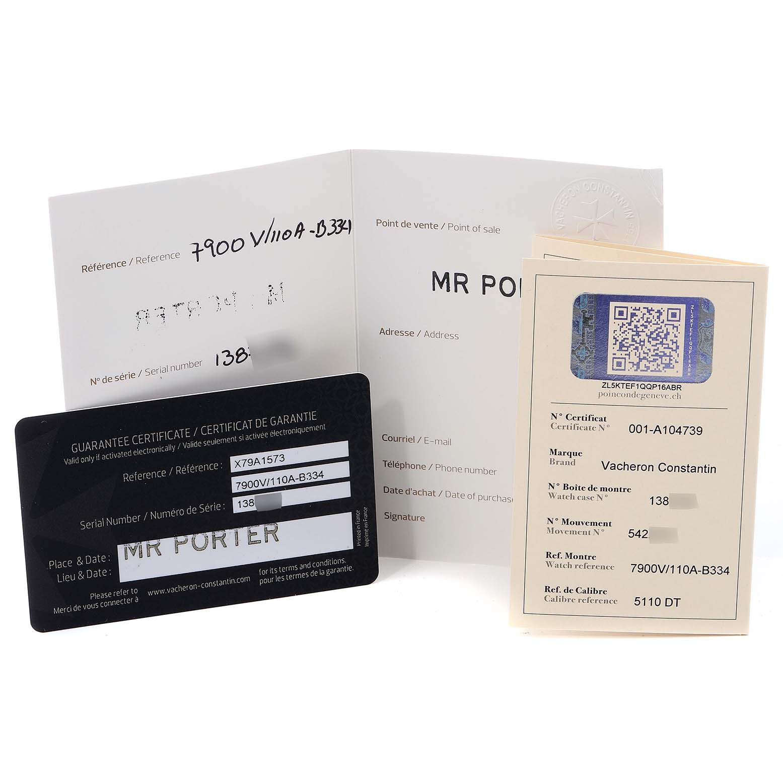 The image shows warranty and authentication documents for the Vacheron Constantin Overseas 7900V/110A-B334 Men's Stainless Steel Blue Dial 7900V/110A-B334 Men's Stainless Steel Blue Dial model watch.