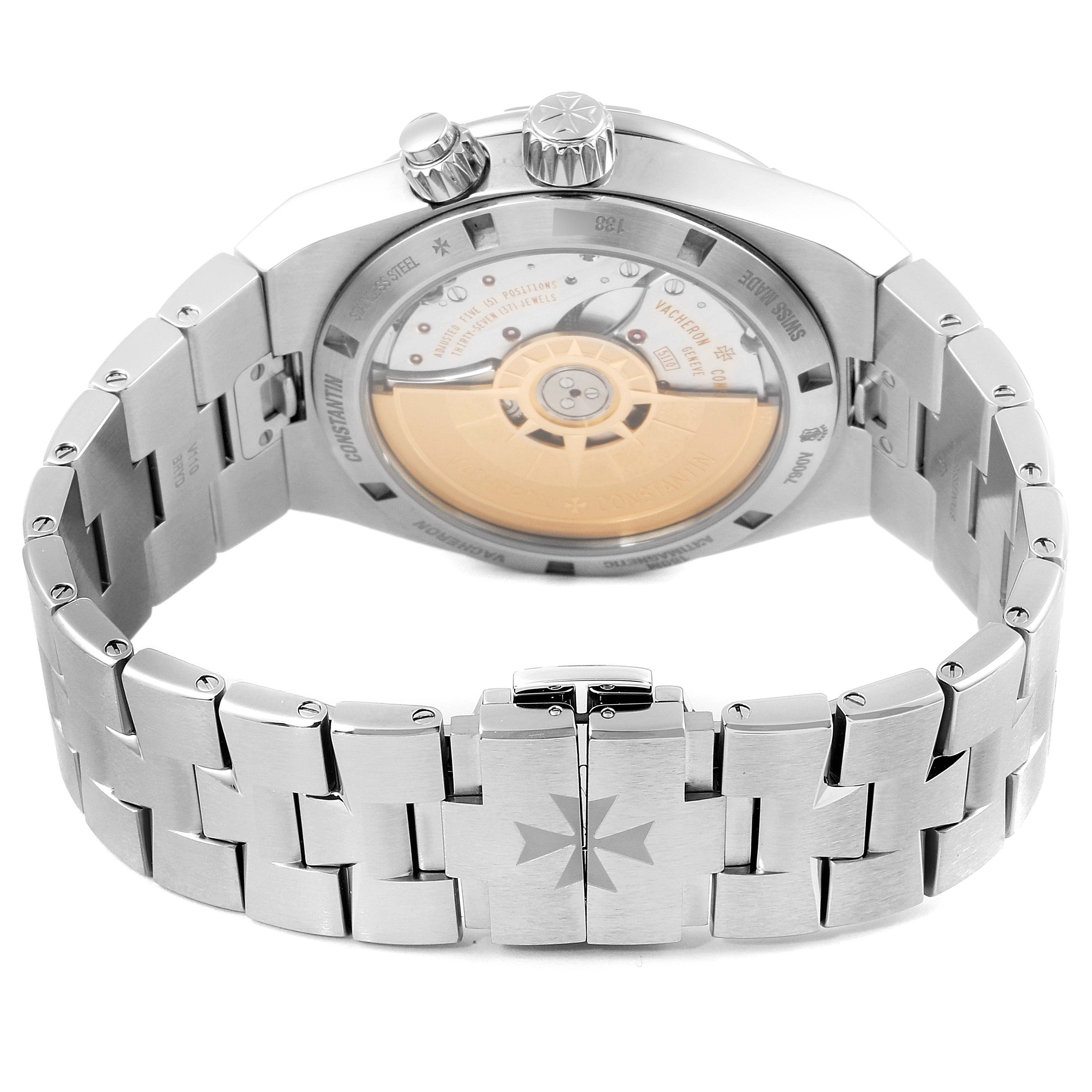 The image shows the back and bracelet of a Vacheron Constantin Overseas 7900V/110A-B334 Men's Stainless Steel Blue Dial 7900V/110A-B334 Men's Stainless Steel Blue Dial watch, highlighting its clasp and movement.