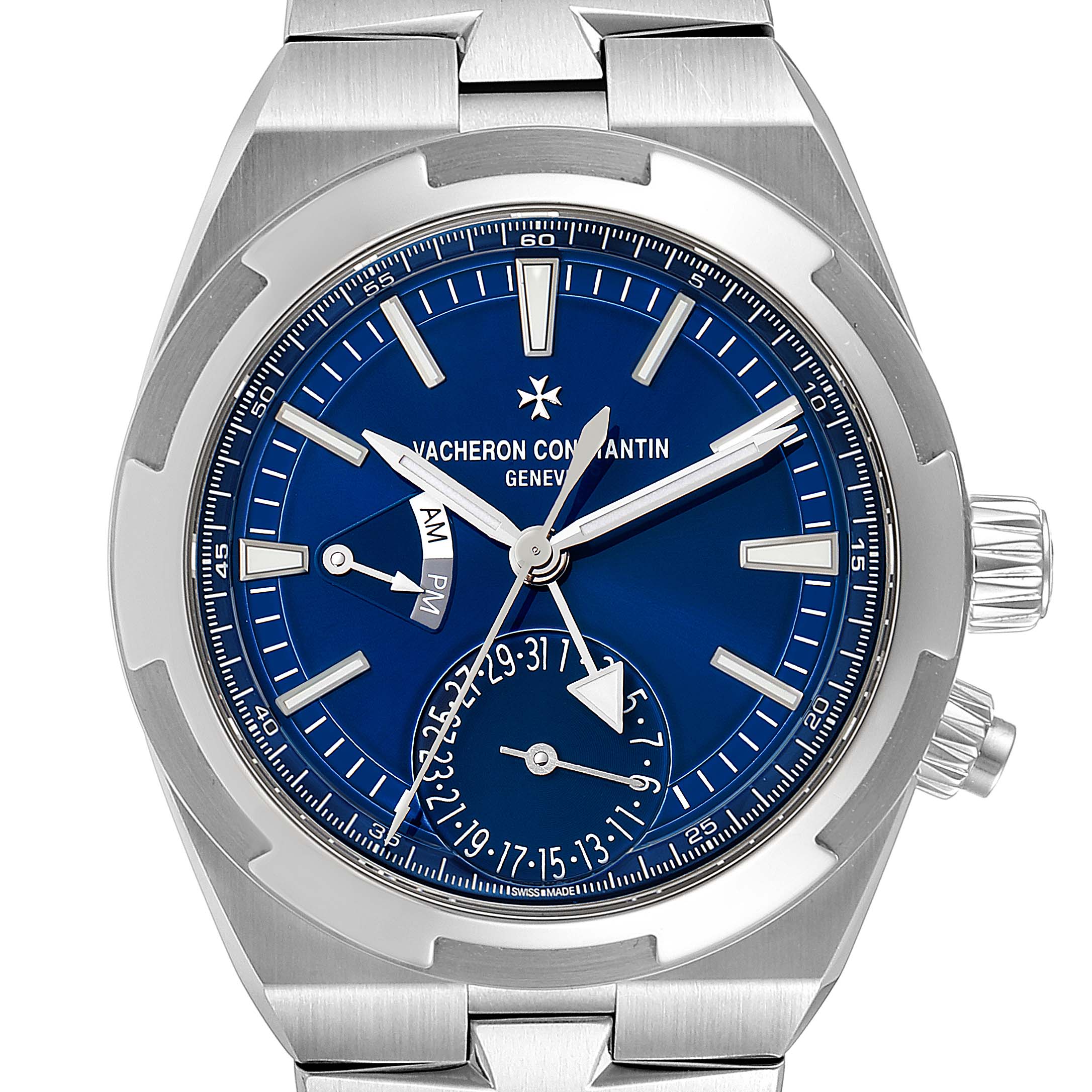 This image shows a front, close-up view of the Vacheron Constantin Overseas 7900V/110A-B334 Men's Stainless Steel Blue Dial 7900V/110A-B334 Men's Stainless Steel Blue Dial model watch, highlighting its blue dial and silver markers.