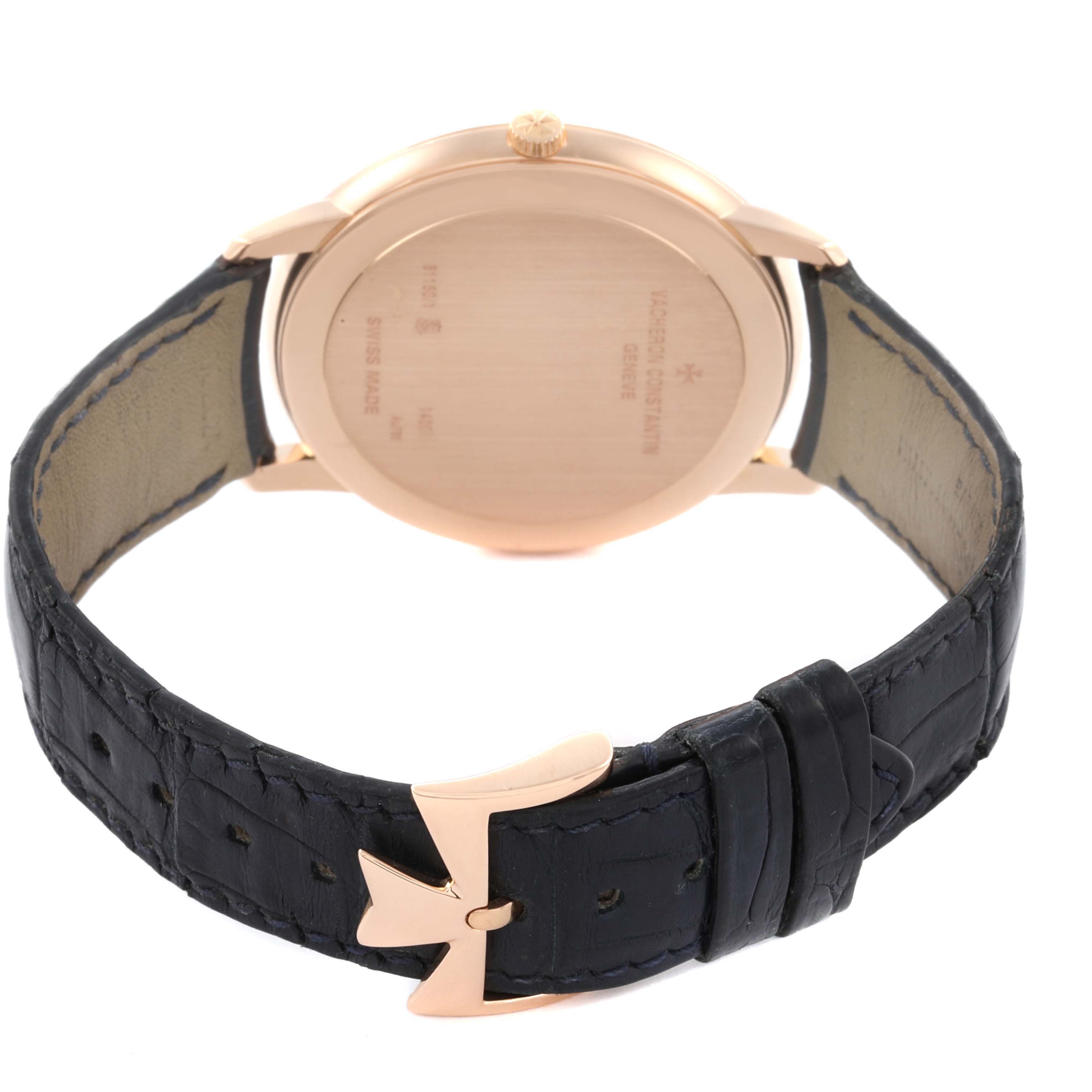 The image shows the back of the Vacheron Constantin Patrimony 81180/000R-B518 Men's Rose Gold Blue Dial 81180/000R-B518 Men's Rose Gold Blue Dial watch and part of its leather strap with a distinctive clasp.