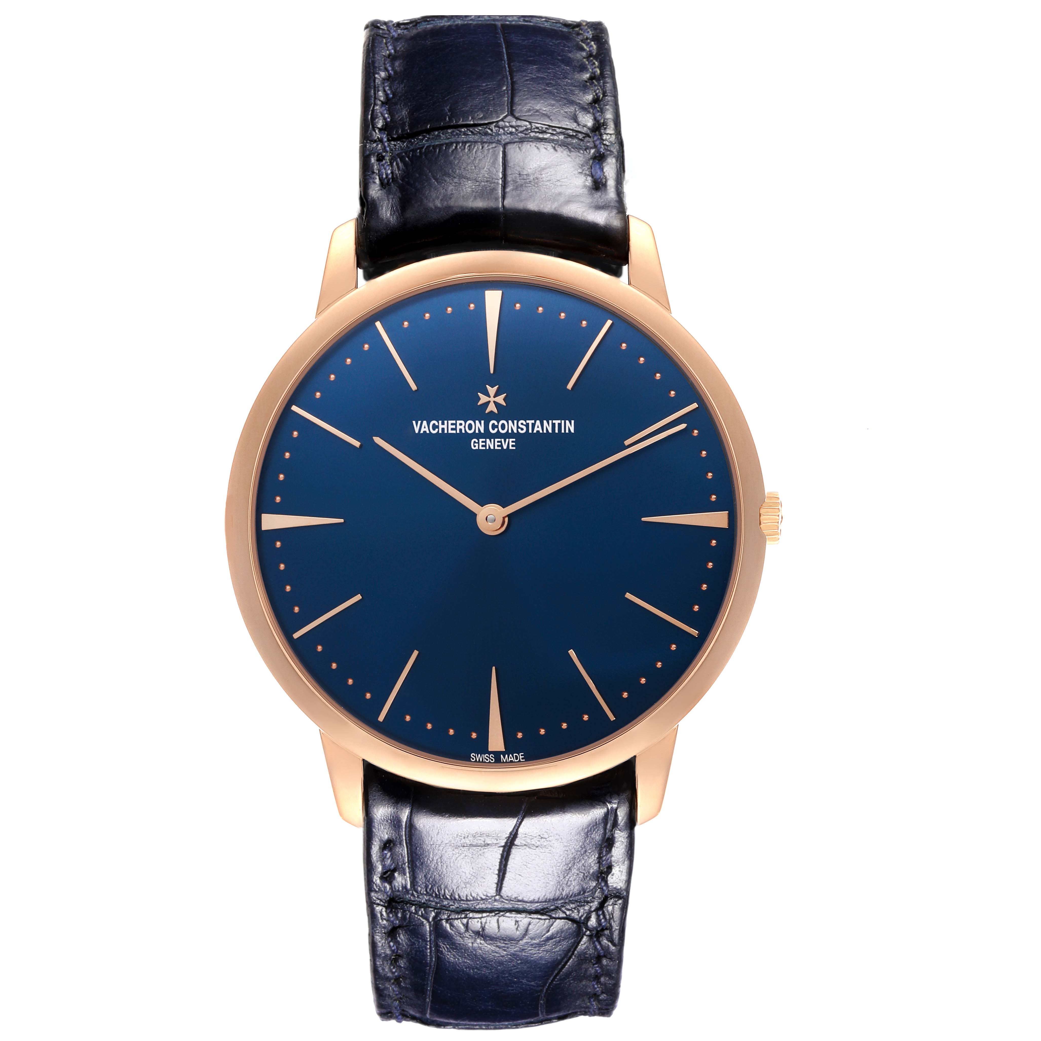 The Vacheron Constantin Patrimony 81180/000R-B518 Men's Rose Gold Blue Dial 81180/000R-B518 Men's Rose Gold Blue Dial watch is shown from the front, highlighting its dial, hands, and strap.