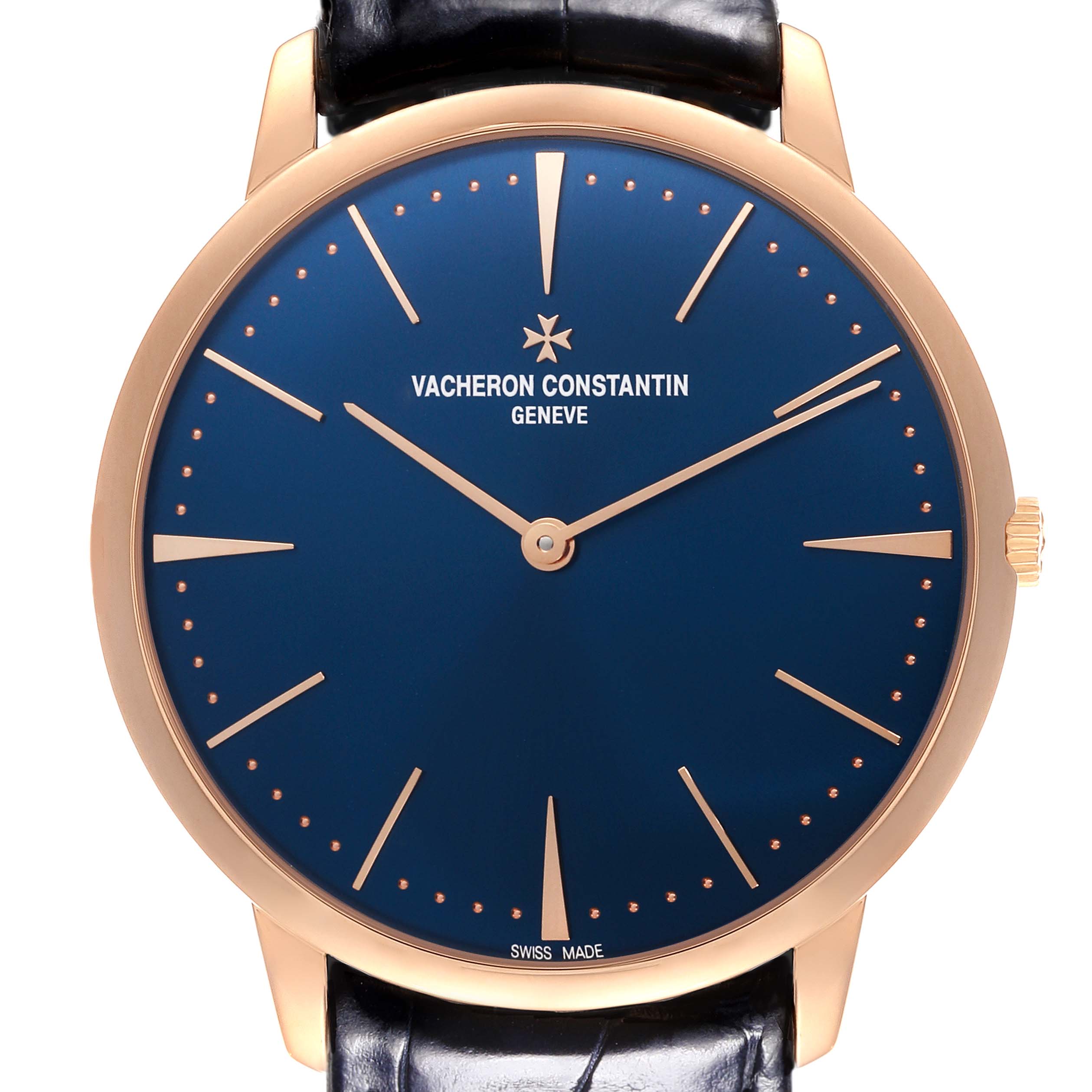 The Vacheron Constantin Patrimony 81180/000R-B518 Men's Rose Gold Blue Dial 81180/000R-B518 Men's Rose Gold Blue Dial watch is shown from the front, highlighting the dial, hands, and case with a portion of the strap.