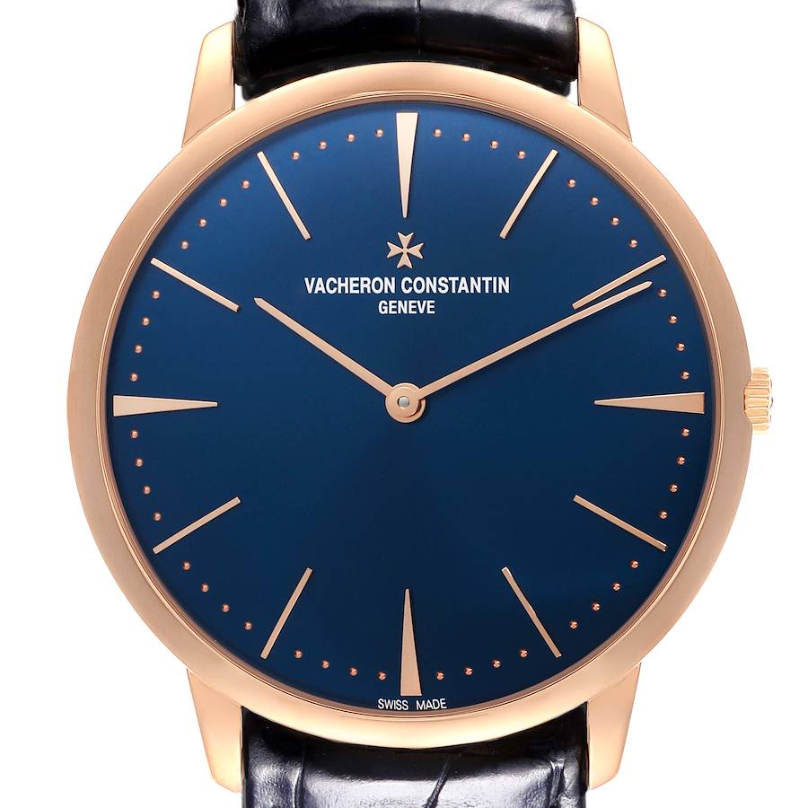 The Vacheron Constantin Patrimony watch is shown from the front, highlighting the dial, hands, and case with a portion of the strap.