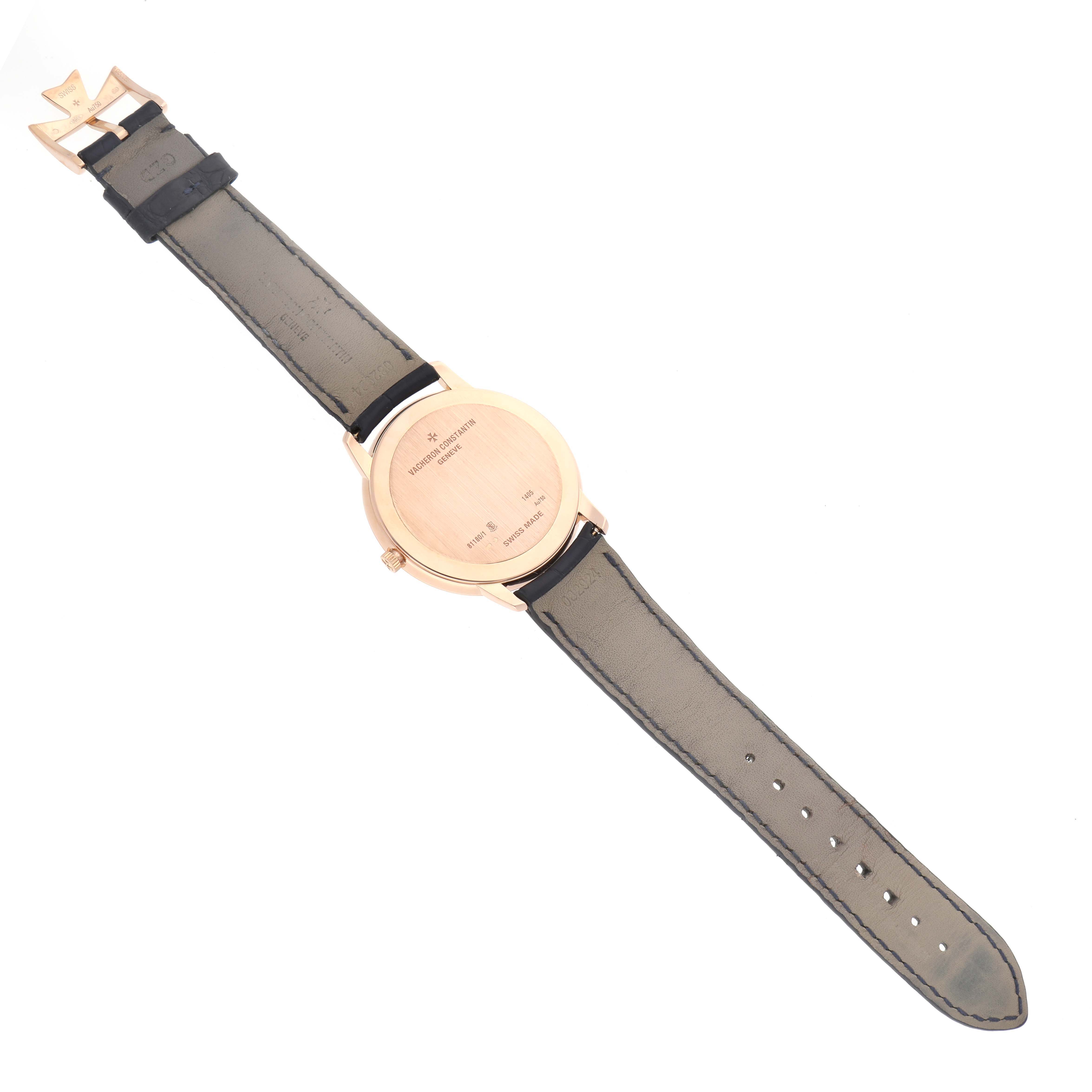 The image shows the back view of a Vacheron Constantin Patrimony 81180/000R-B518 Men's Rose Gold Blue Dial 81180/000R-B518 Men's Rose Gold Blue Dial watch, displaying the case back, strap, and buckle.