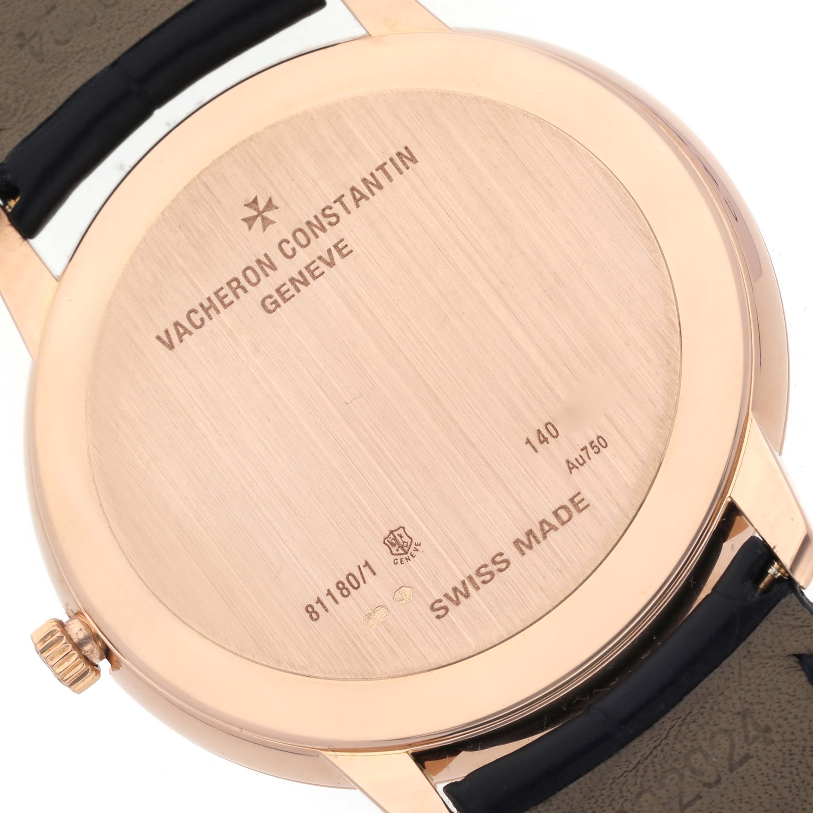 The image shows the back case of the Vacheron Constantin Patrimony 81180/000R-B518 Men's Rose Gold Blue Dial 81180/000R-B518 Men's Rose Gold Blue Dial watch, displaying its engravings and strap attachment.