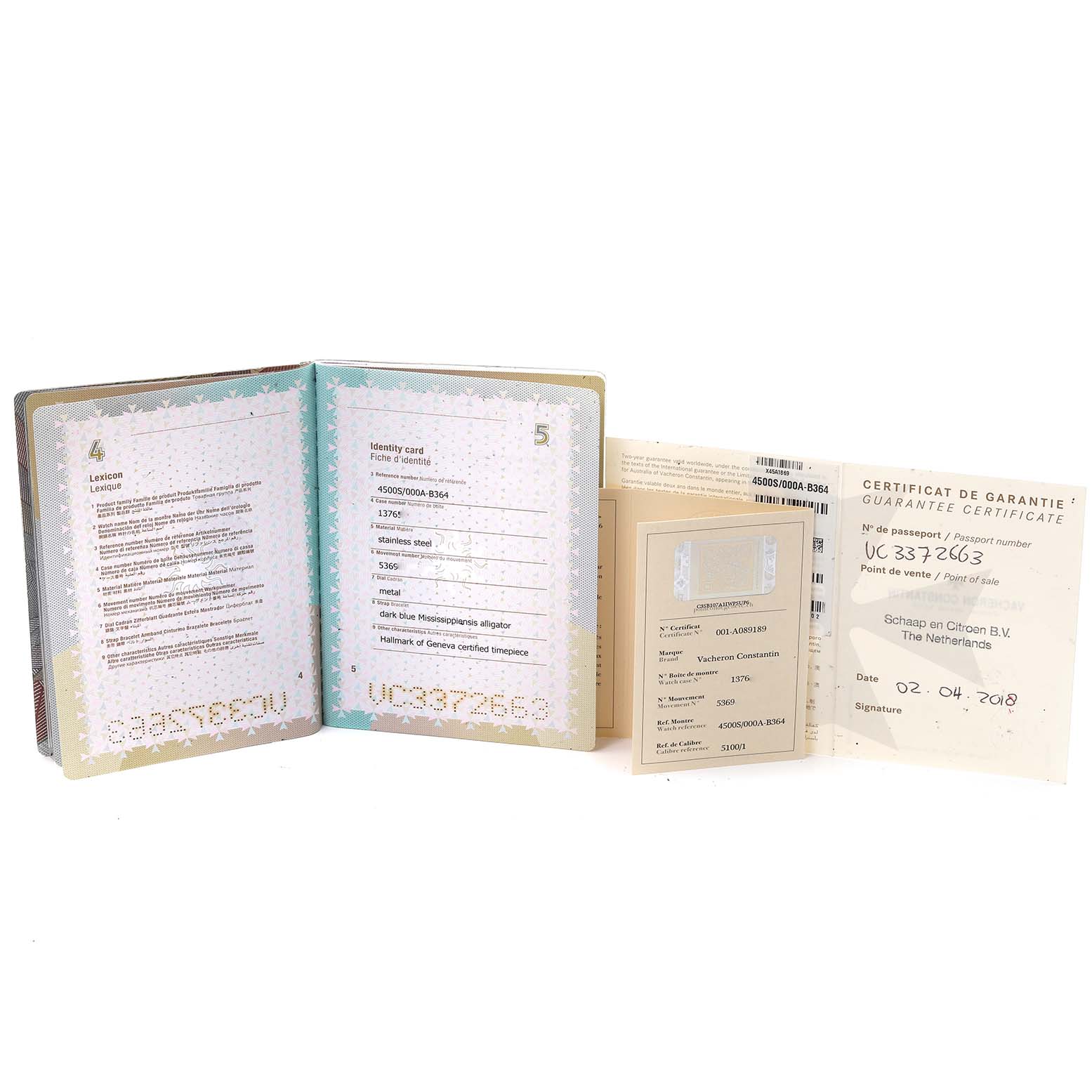 The image shows the warranty and identity documents for the Vacheron Constantin Quai de L'Ile watch.