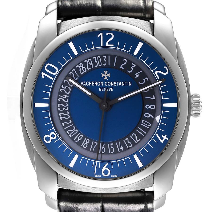 The Vacheron Constantin Quai de L'Ile watch is shown front-facing, displaying its blue dial and silver hands.