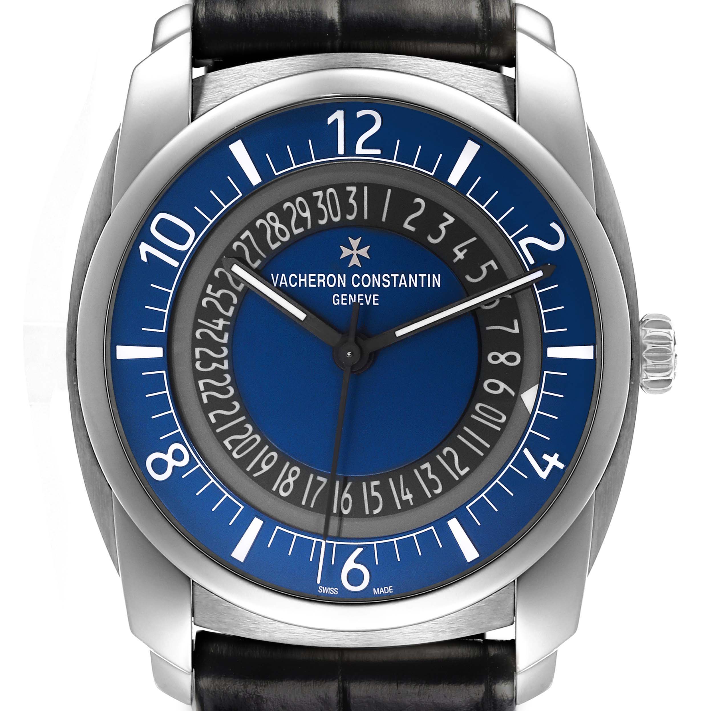 The Vacheron Constantin Quai de L'Ile watch is shown from a front angle, featuring the dial, hands, and crown.
