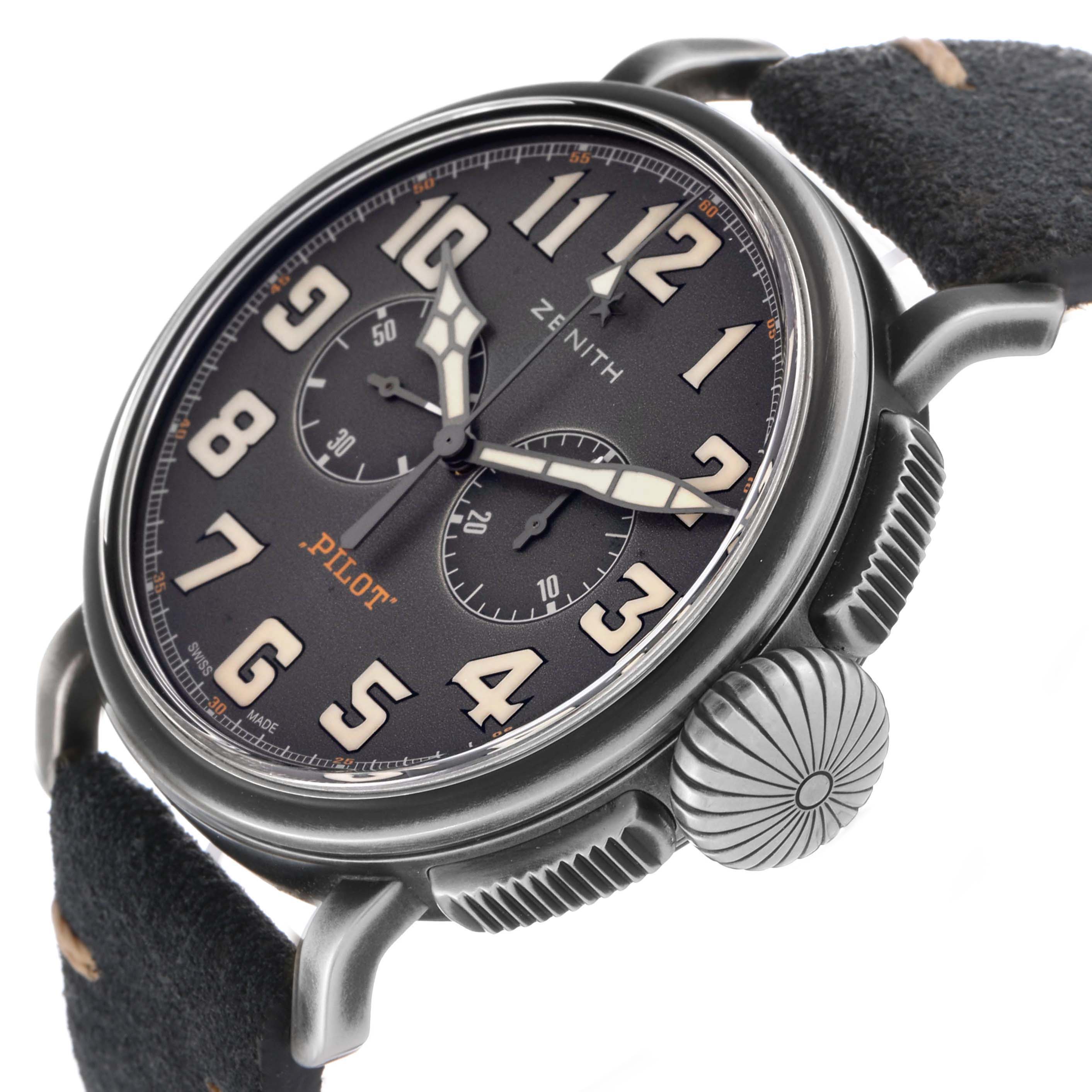 The Zenith Pilot 11.2430.4069 Men's Stainless Steel Grey Dial watch is shown at an angle highlighting the dial, crown, and leather strap.