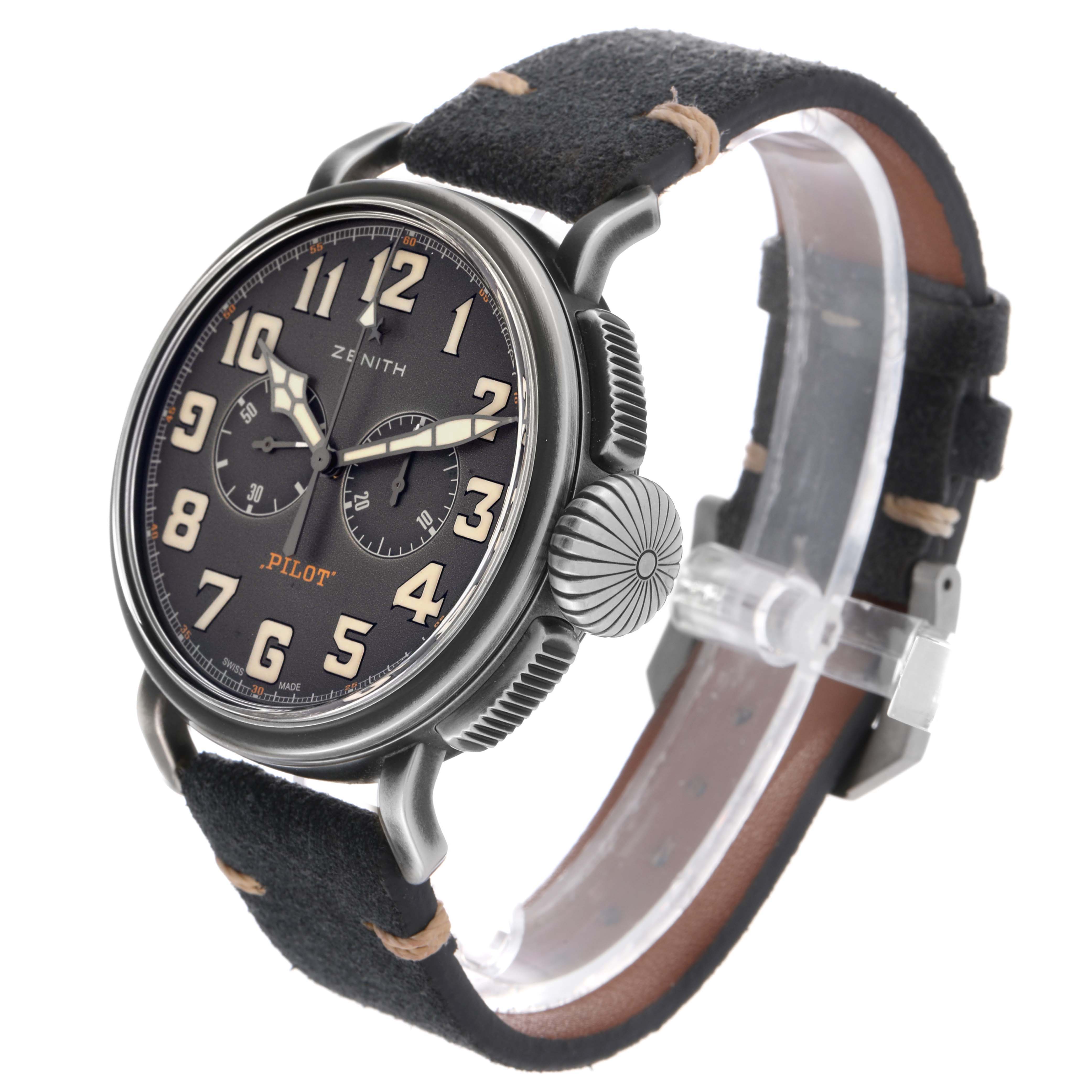 The Zenith Pilot 11.2430.4069 Men's Stainless Steel Grey Dial watch is shown at a three-quarter angle, displaying its dial, crown, and leather strap.