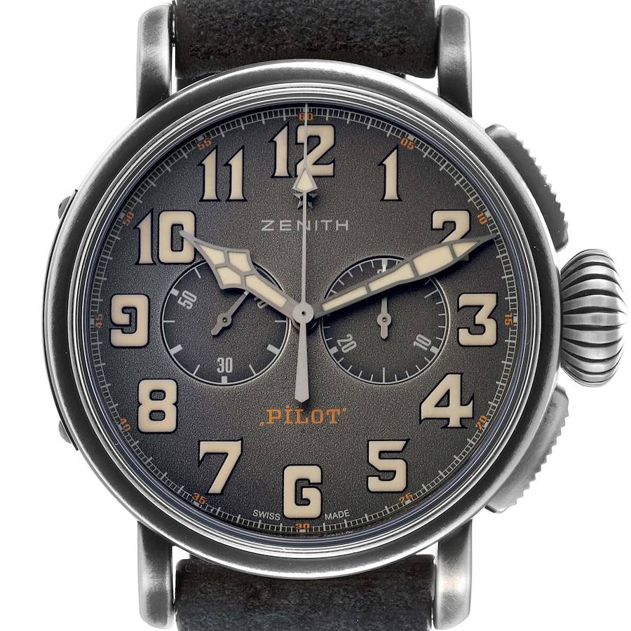 The Zenith Pilot 11.2430.4069 Men's Stainless Steel Grey Dial watch is shown from a front view, highlighting the dial, hands, and crown.