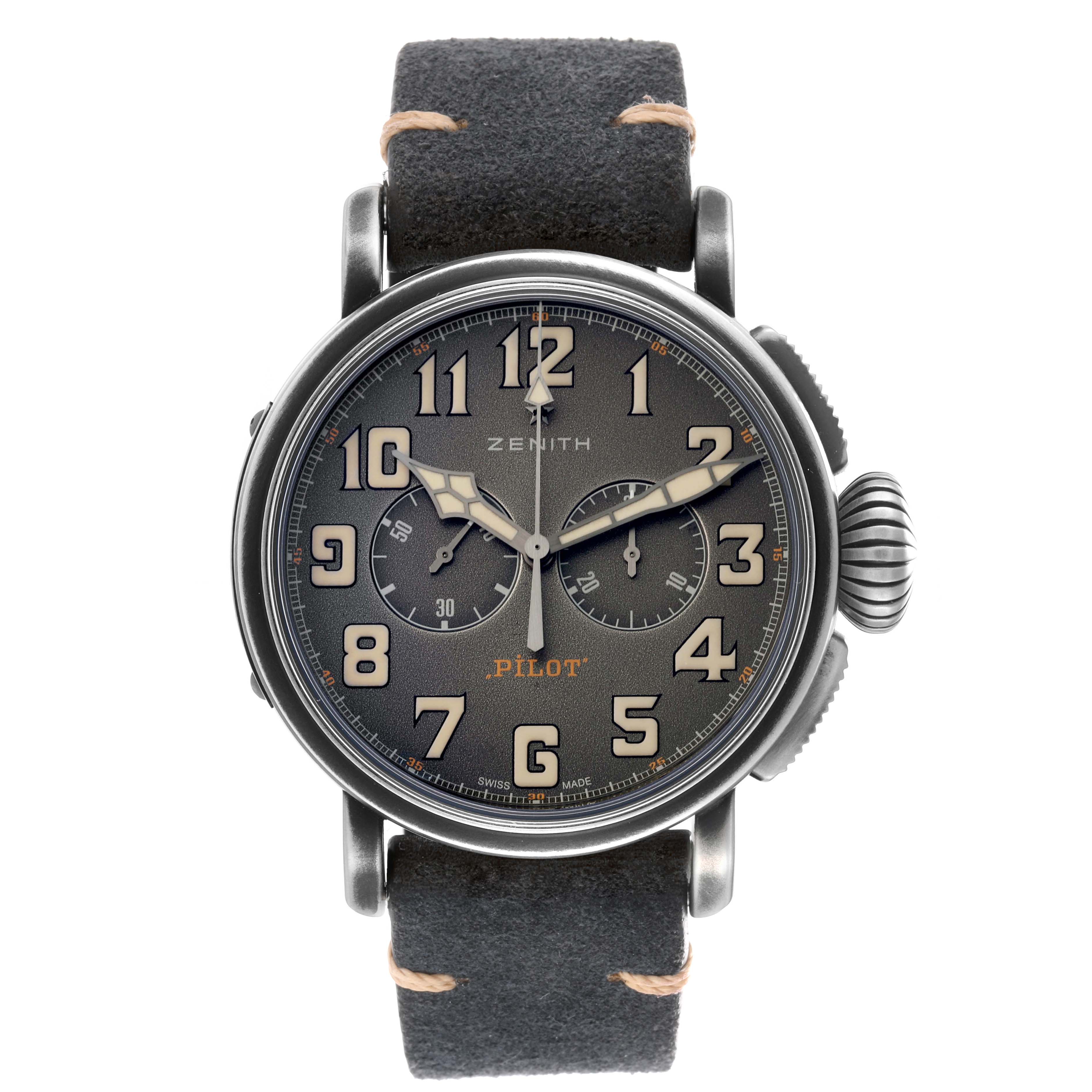 The Zenith Pilot 11.2430.4069 Men's Stainless Steel Grey Dial watch is shown from a front angle, highlighting the dial, numerals, chronograph subdials, and leather strap.