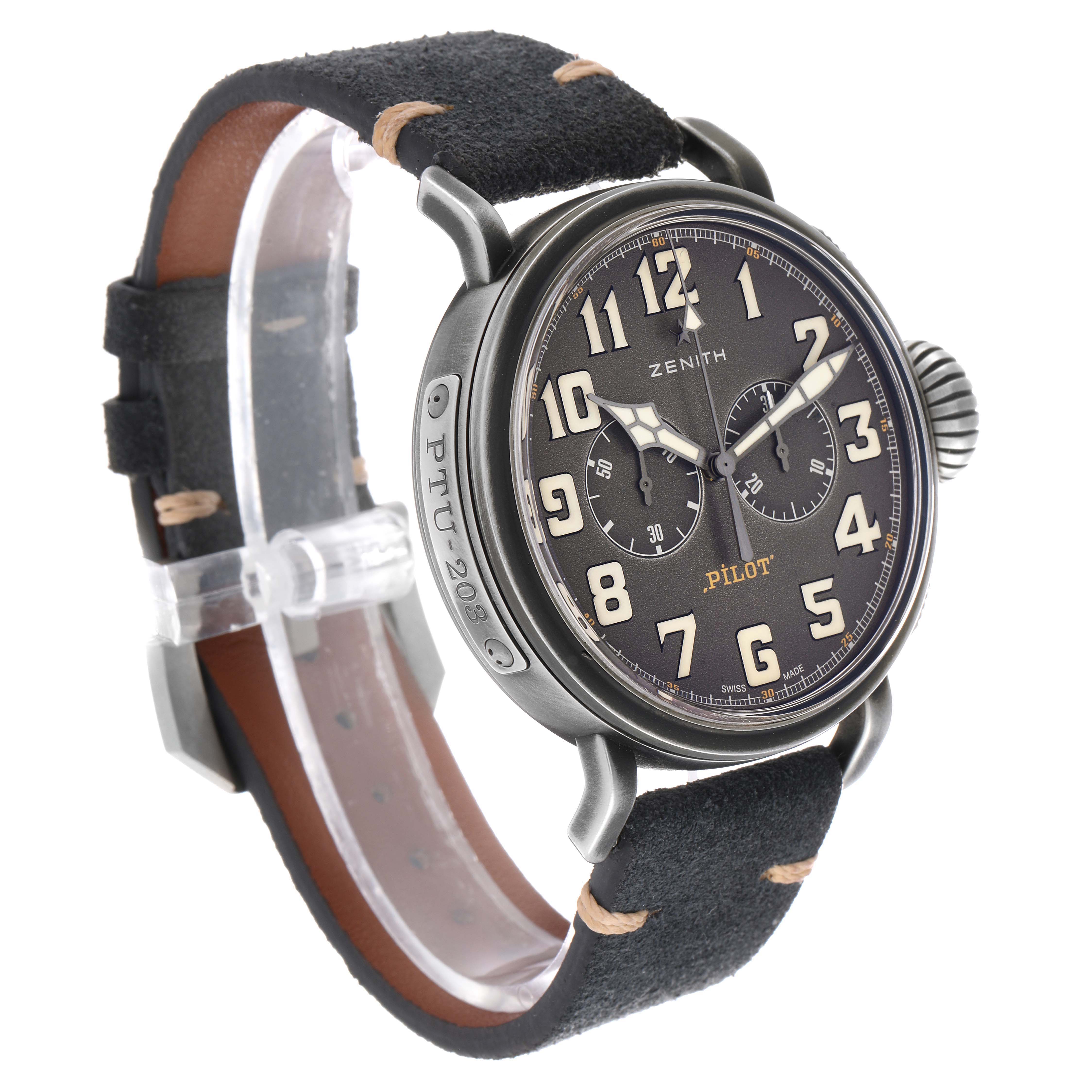 The Zenith Pilot 11.2430.4069 Men's Stainless Steel Grey Dial watch is shown at a three-quarter angle, highlighting the face, crown, and leather strap details.