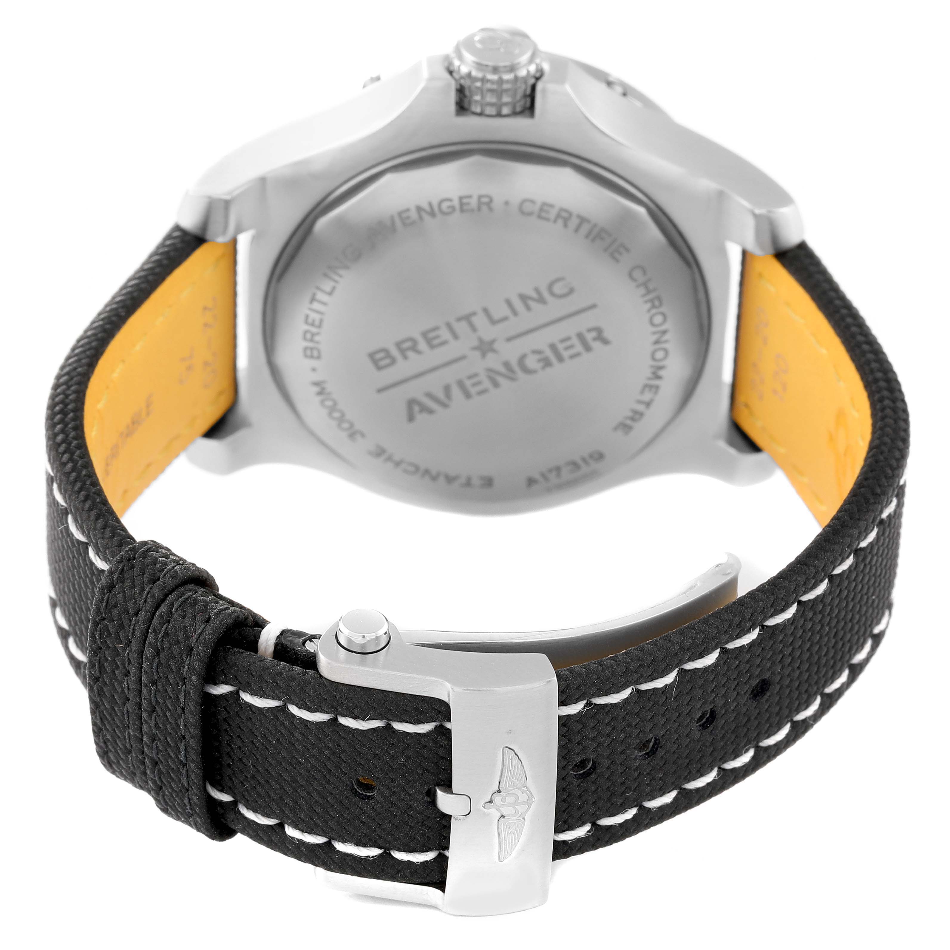 The image shows the rear view of a Breitling Avenger A17319 Men's Stainless Steel Yellow Dial A17319 Men's Stainless Steel Yellow Dial watch, highlighting its case back and strap with a buckle.