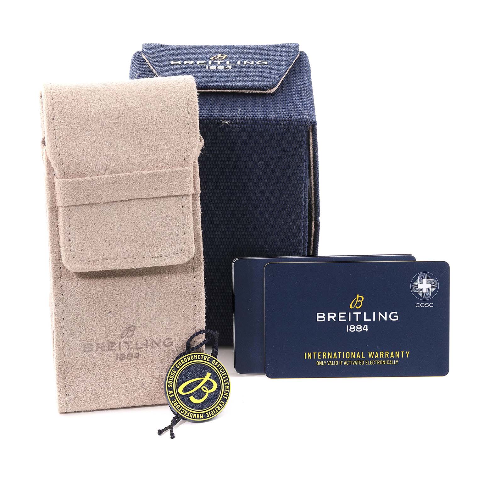 The image shows the accessories of a Breitling Avenger A17319 Men's Stainless Steel Yellow Dial A17319 Men's Stainless Steel Yellow Dial watch, including a zippered case, a suede pouch, warranty cards, and a certification hangtag.