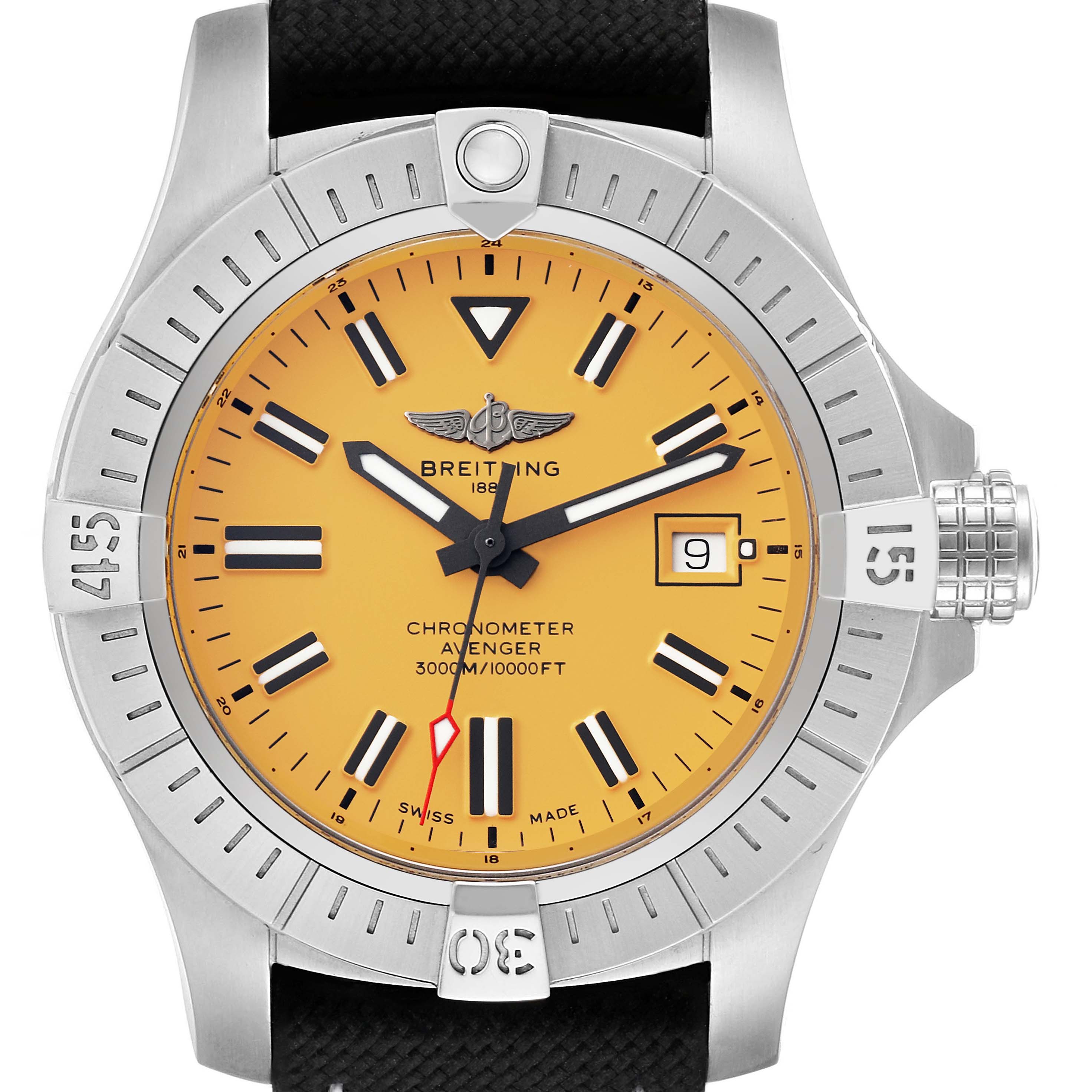 This image shows a front view of the Breitling Avenger A17319 Men's Stainless Steel Yellow Dial A17319 Men's Stainless Steel Yellow Dial watch with an orange dial, date window, and black strap.