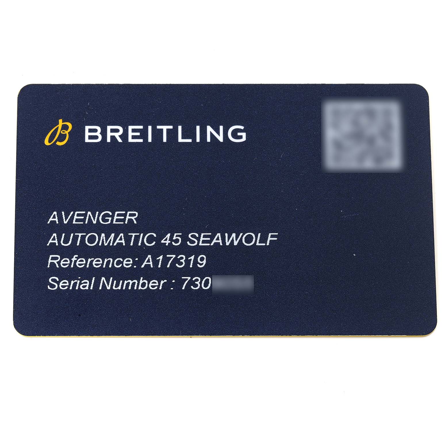 The image shows a warranty card for a Breitling Avenger A17319 Men's Stainless Steel Yellow Dial A17319 Men's Stainless Steel Yellow Dial Automatic 45 Seawolf with reference A17319.
