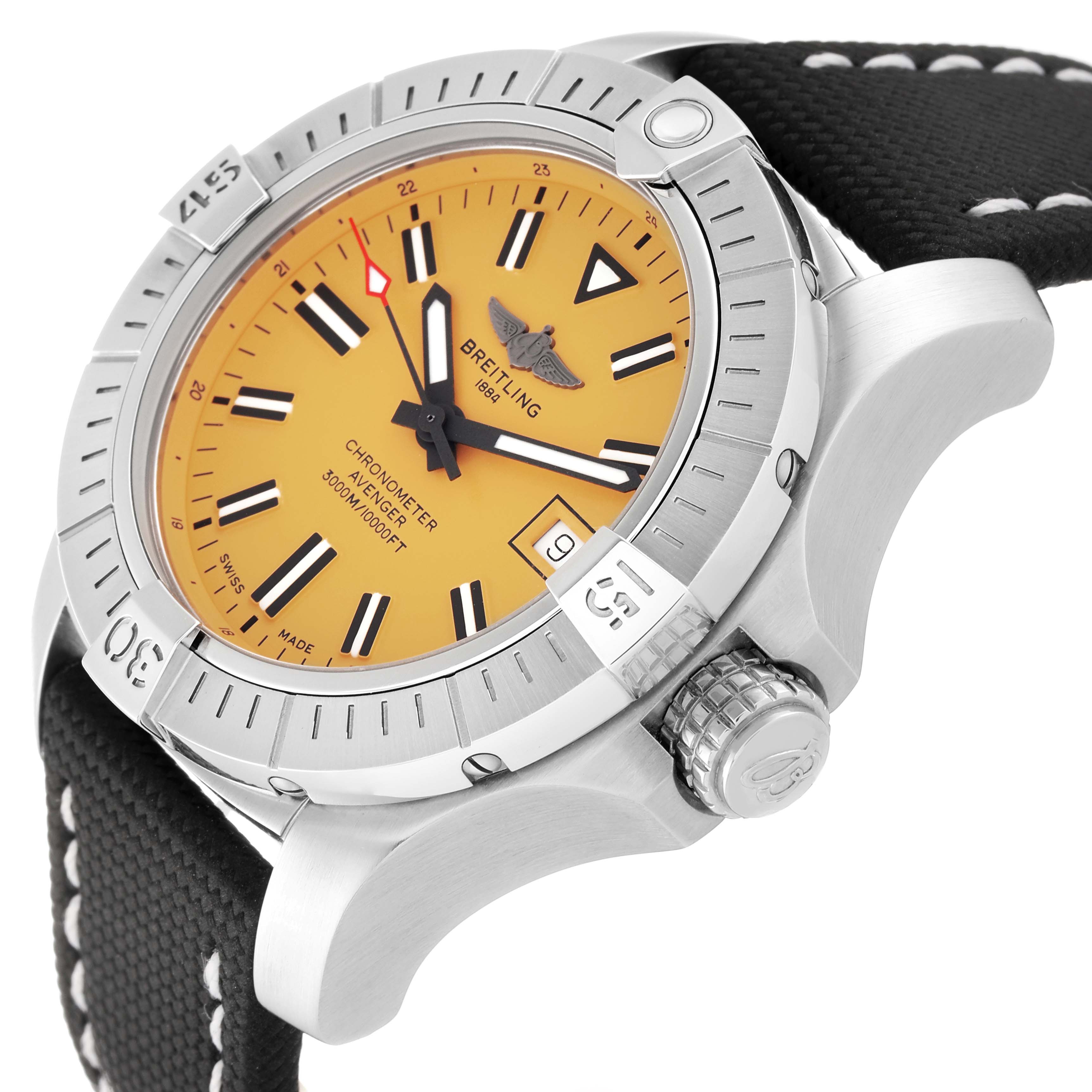 This Breitling Avenger A17319 Men's Stainless Steel Yellow Dial A17319 Men's Stainless Steel Yellow Dial watch is shown at an angled side view, highlighting the yellow dial, crown, bezel, and part of the strap.