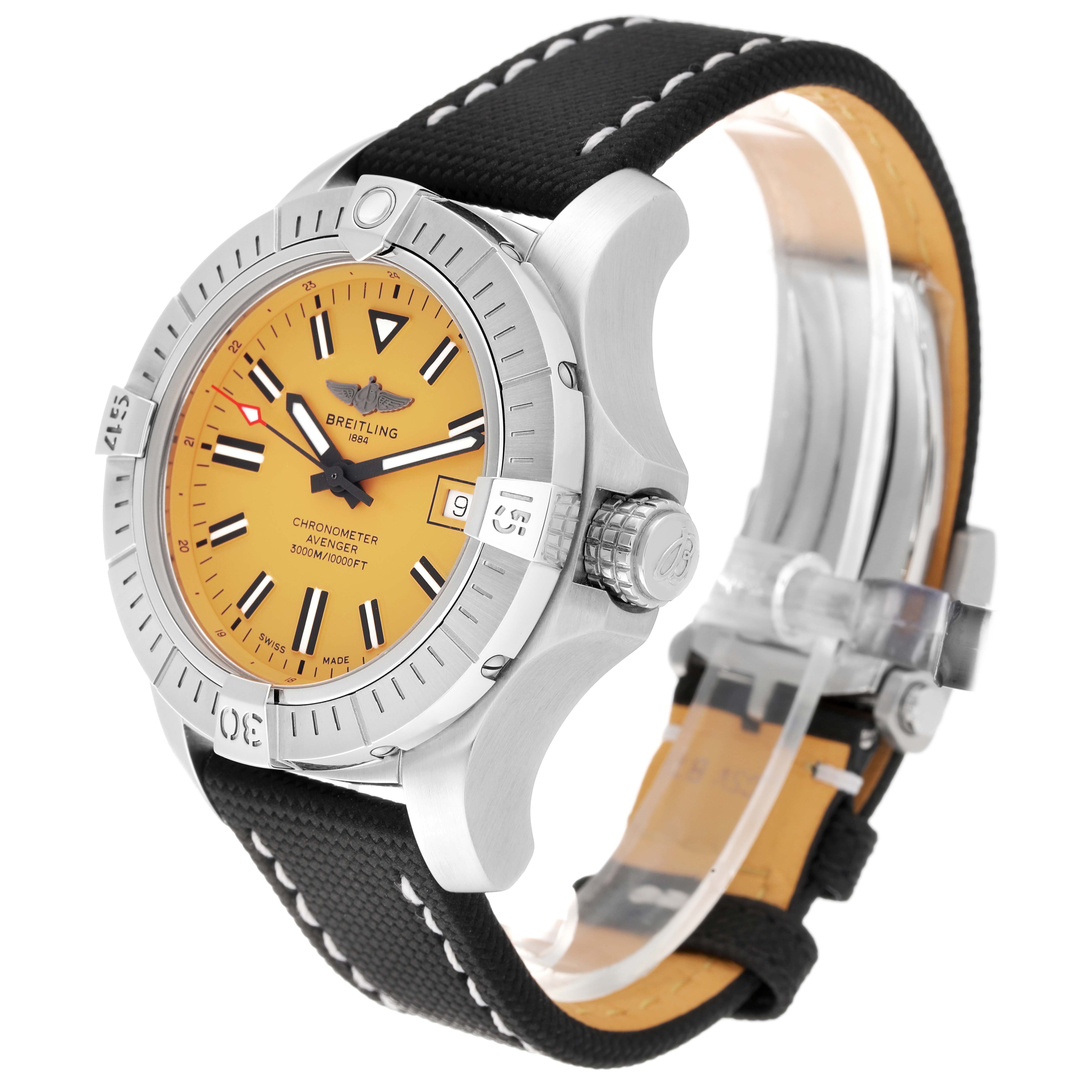 The image shows a side angle of the Breitling Avenger A17319 Men's Stainless Steel Yellow Dial A17319 Men's Stainless Steel Yellow Dial watch, highlighting its yellow dial, bezel, crown, and black strap.