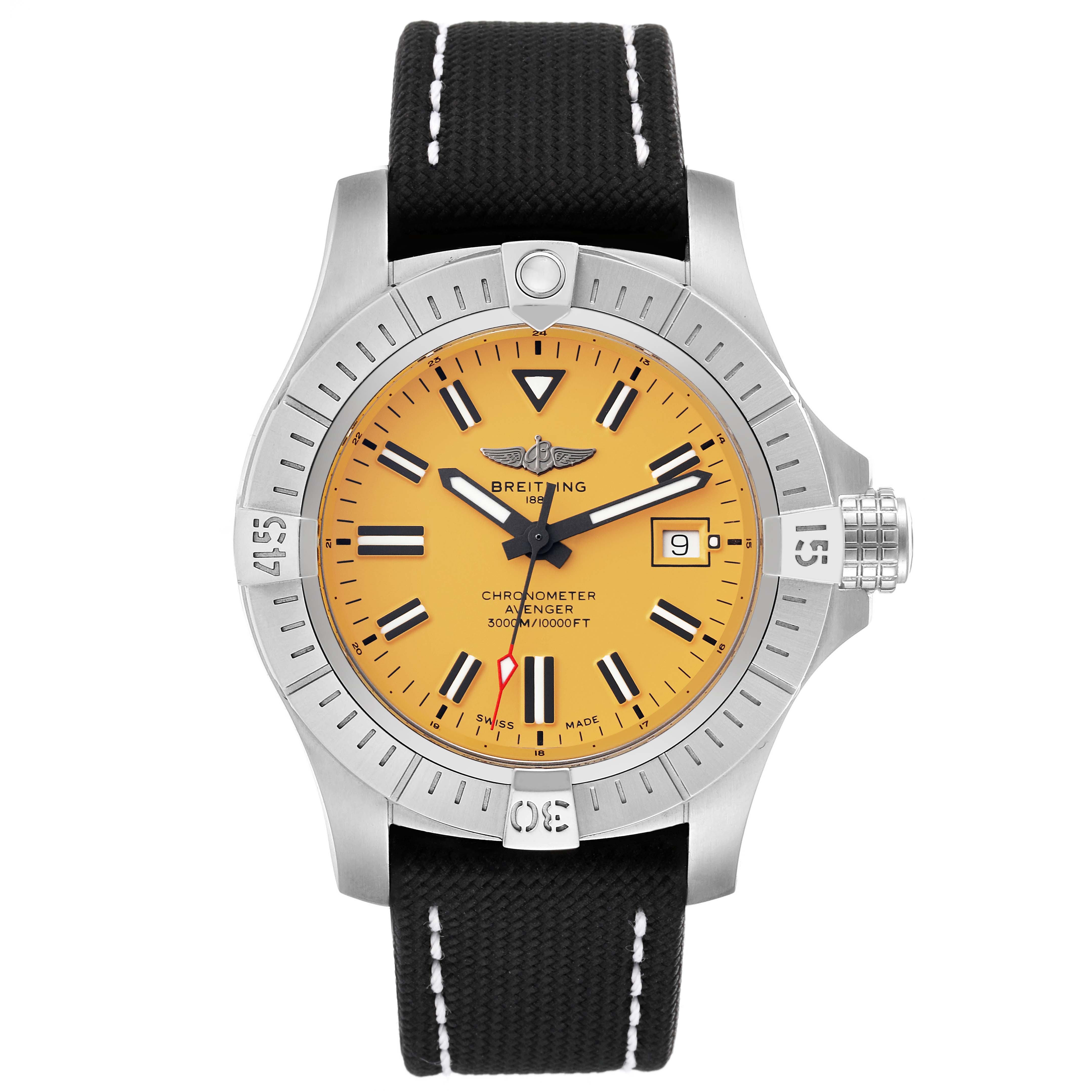 The image shows a front view of the Breitling Avenger A17319 Men's Stainless Steel Yellow Dial A17319 Men's Stainless Steel Yellow Dial watch, including its yellow dial, bezel, and black strap.