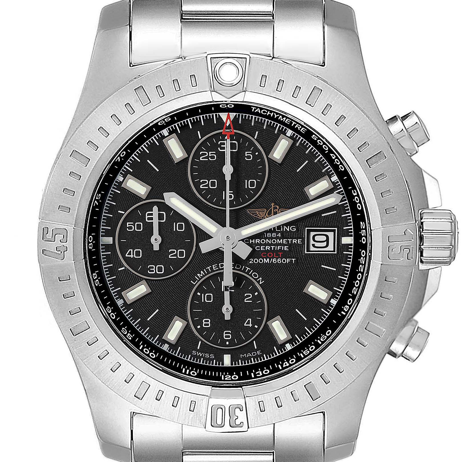 The image shows a front view of a Breitling Colt A133884Y/BE68 Men's Stainless Steel Black Dial A133884Y/BE68 Men's Stainless Steel Black Dial watch, displaying the dial, bezel, crown, and part of the bracelet.